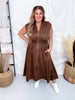 Brown Smocked Waist Twill Suede Shirt Dress - Whiskey Skies - SHE + SKY