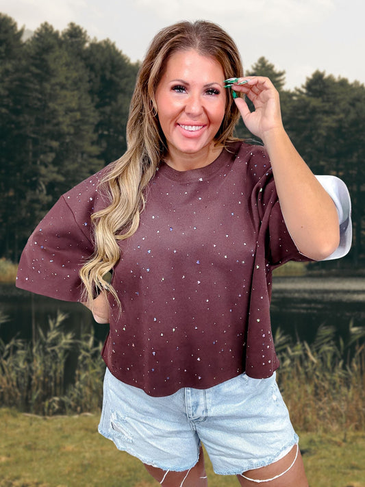 Brown Tee With Multicolored Stars & Rhinestones - Whiskey Skies - DAVI & DANI