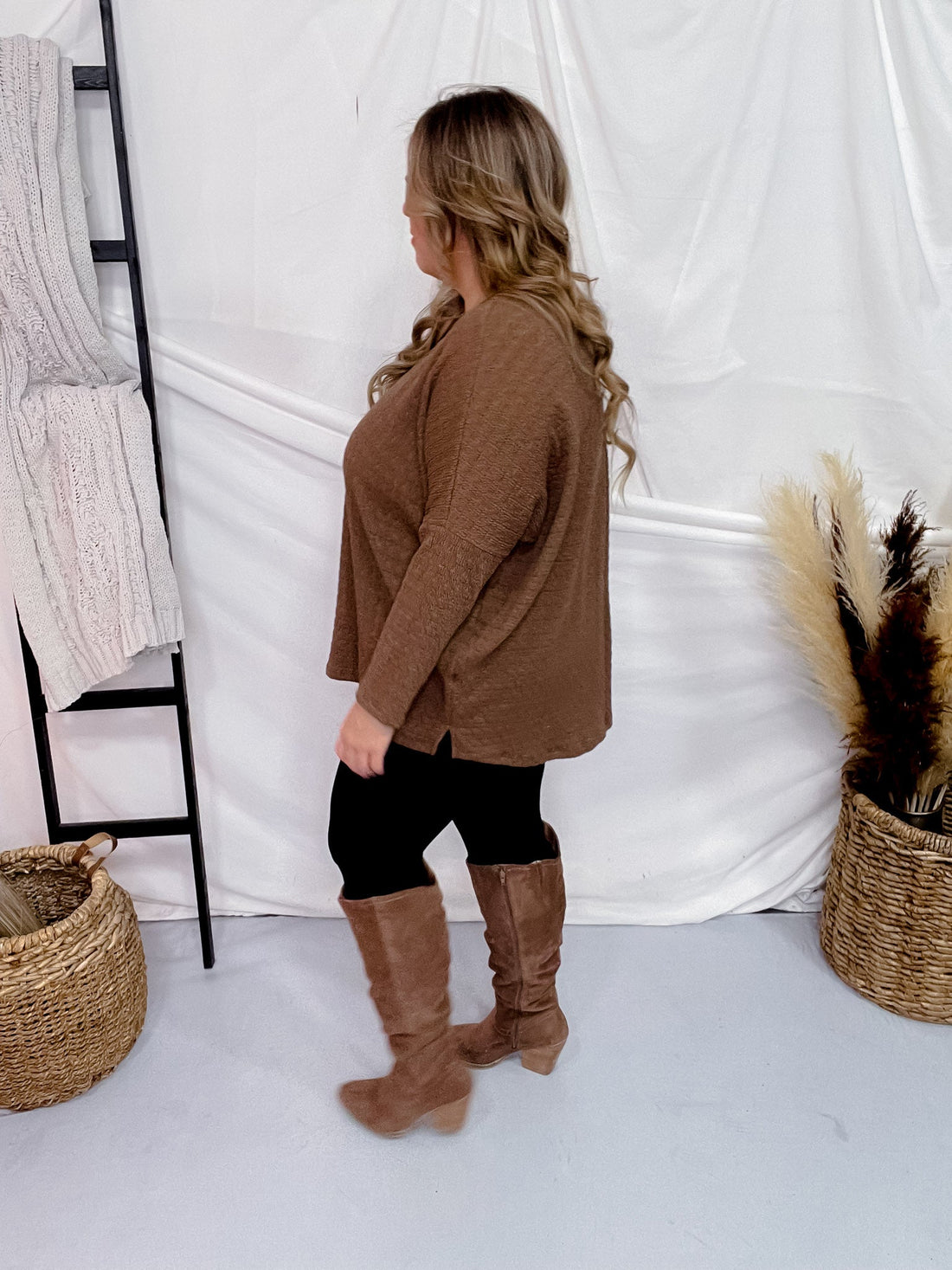 Brown Textured Long Sleeve Keyhole Sweater - Whiskey Skies - BE STAGE