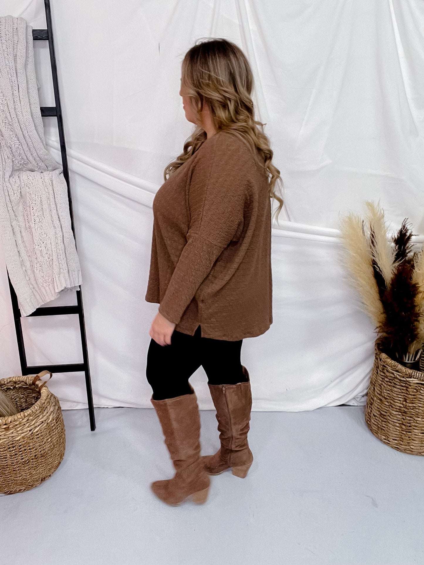 Brown Textured Long Sleeve Keyhole Sweater - Whiskey Skies - BE STAGE