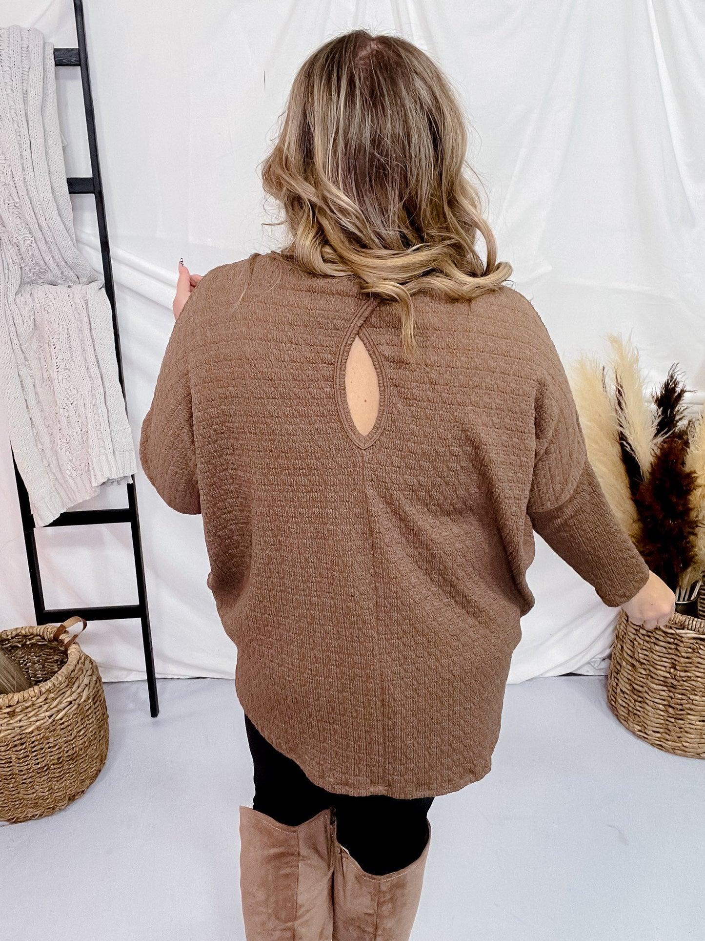 Brown Textured Long Sleeve Keyhole Sweater - Whiskey Skies - BE STAGE