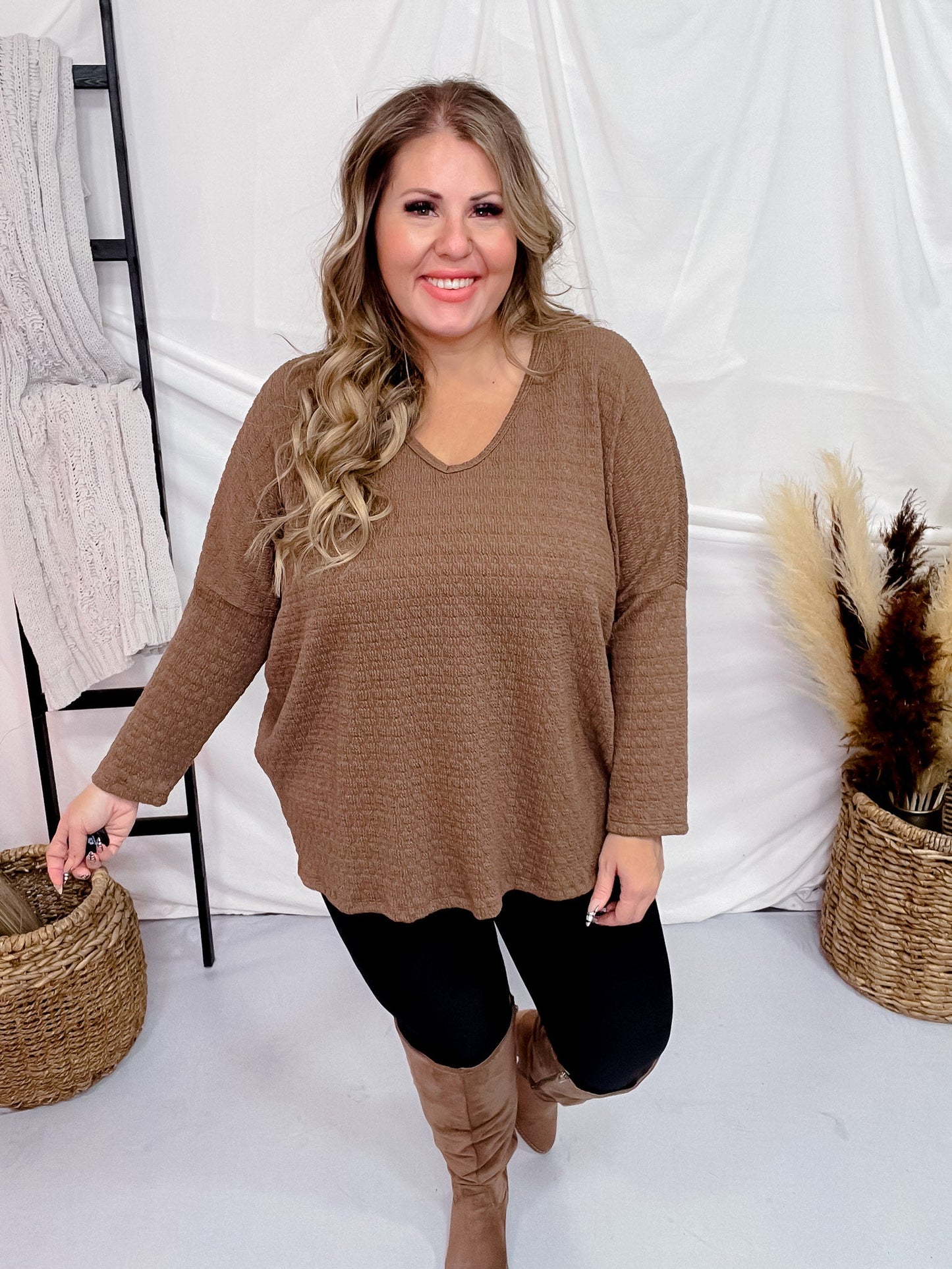 Brown Textured Long Sleeve Keyhole Sweater - Whiskey Skies - BE STAGE