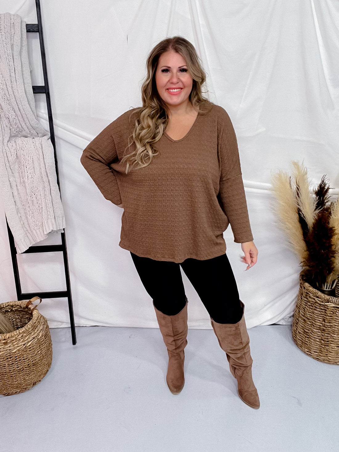 Brown Textured Long Sleeve Keyhole Sweater - Whiskey Skies - BE STAGE