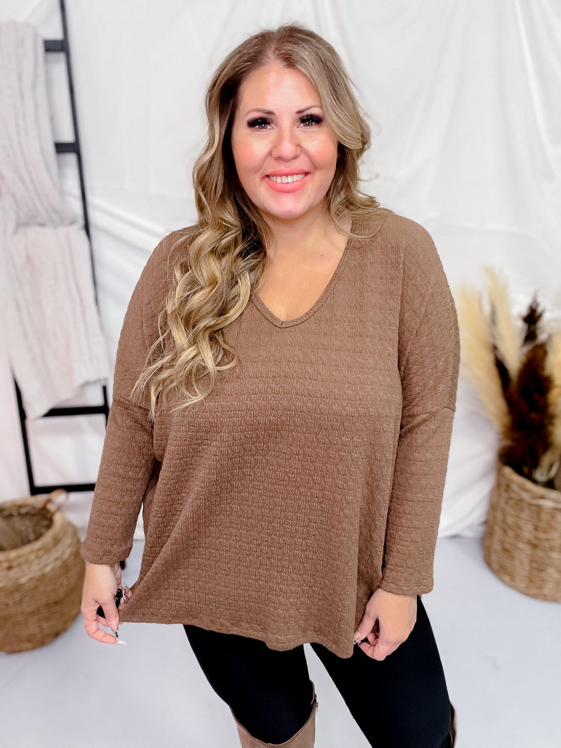 Brown Textured Long Sleeve Keyhole Sweater - Whiskey Skies - BE STAGE