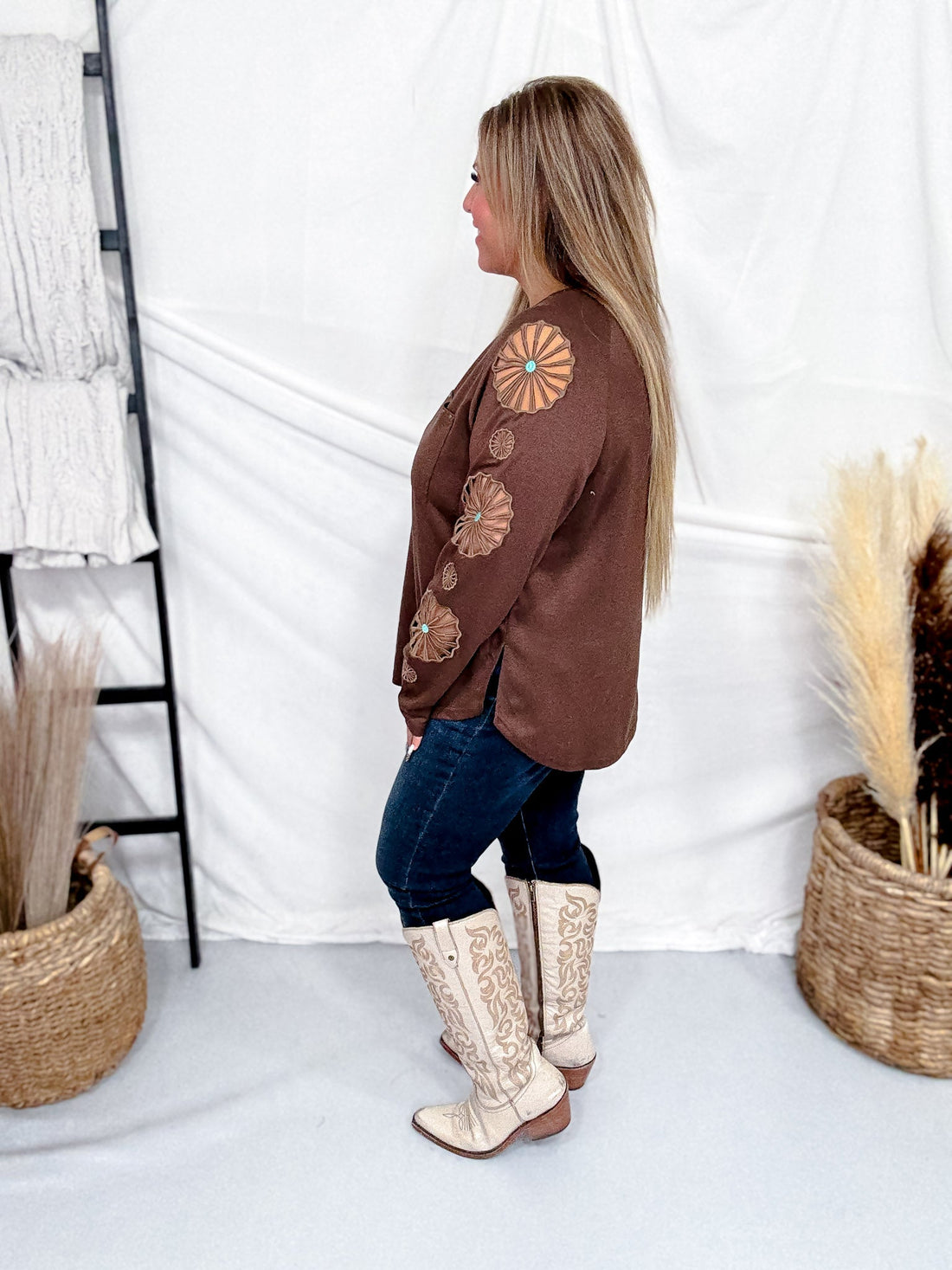 Brown Western Inspired Concho Cutout Long Sleeve Top - Whiskey Skies - 2 FLY CO.