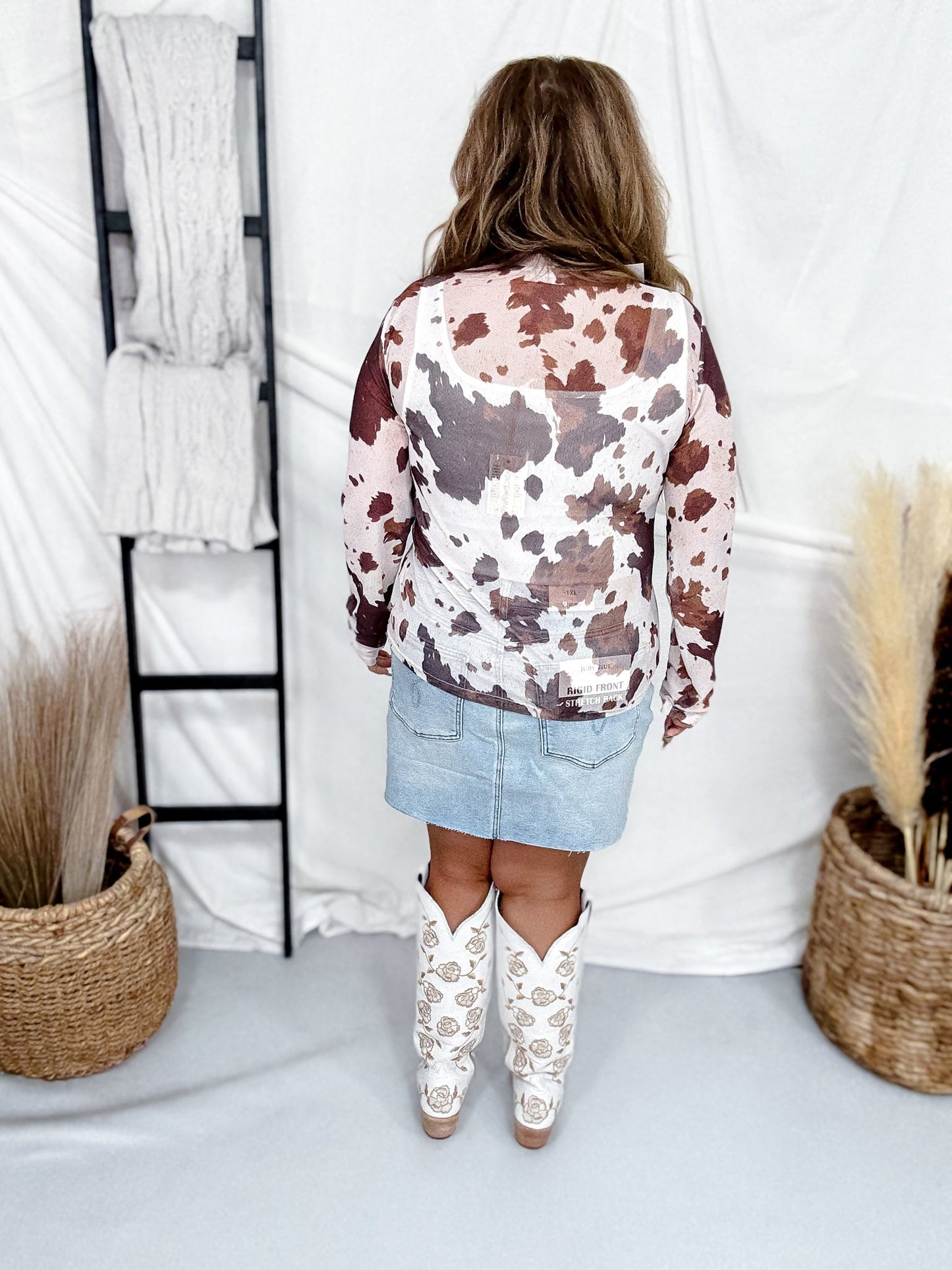 Brown & White Cow Print Long Sleeve Mesh Top - Whiskey Skies - DAVI & DANI