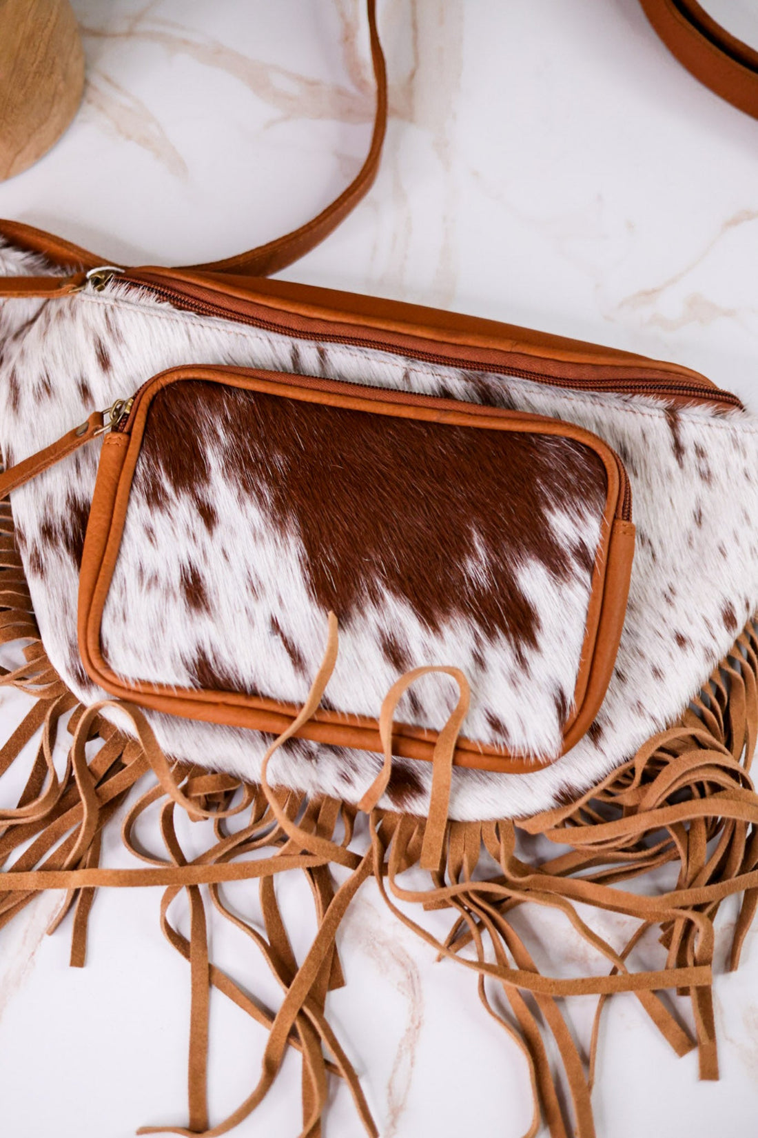 Brown & White Cowhide Sling Bag With Fringe - Whiskey Skies - COUNTRYSIDE CO.