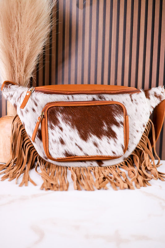 Brown & White Cowhide Sling Bag With Fringe - Whiskey Skies - COUNTRYSIDE CO.