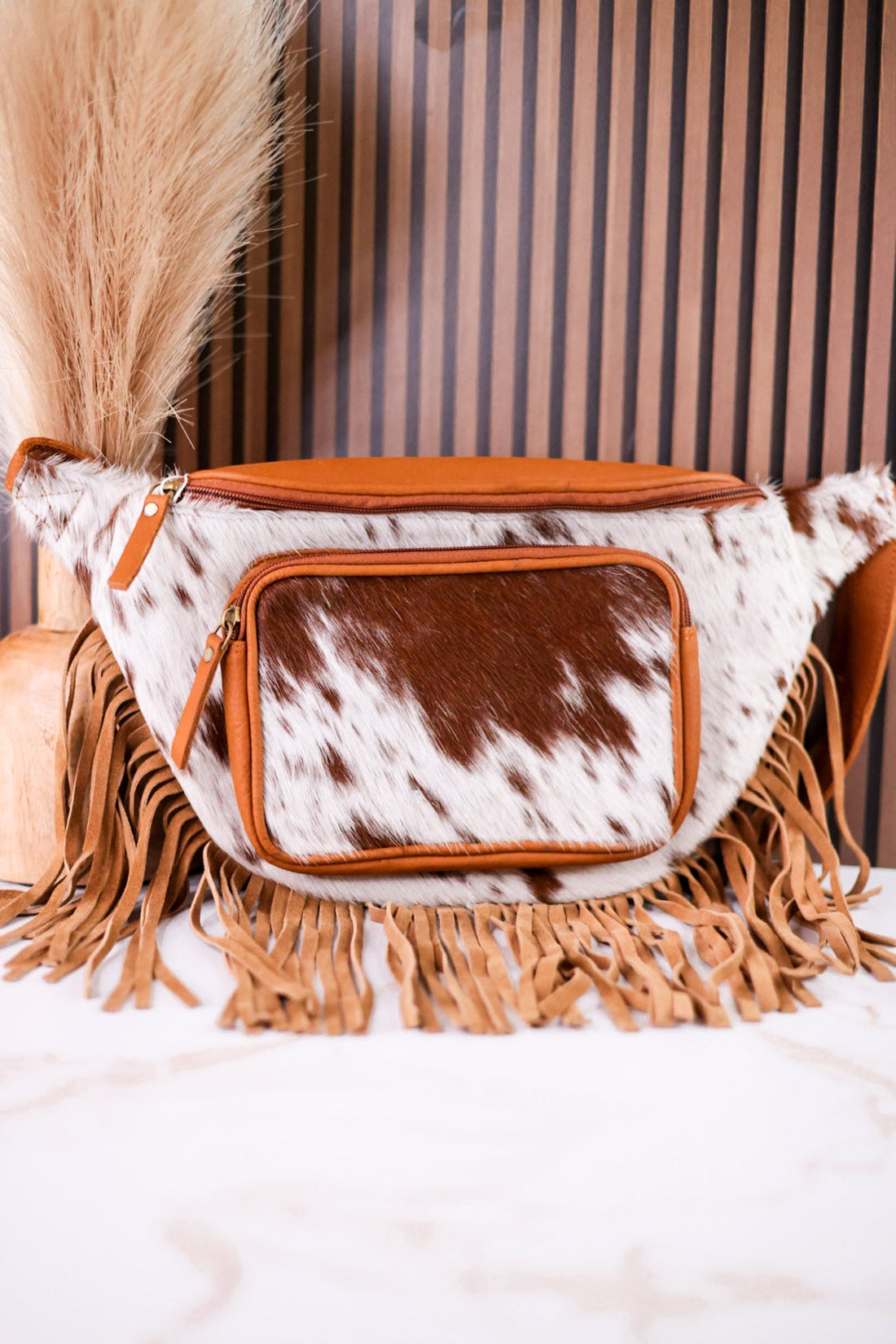 Brown & White Cowhide Sling Bag With Fringe - Whiskey Skies - COUNTRYSIDE CO.