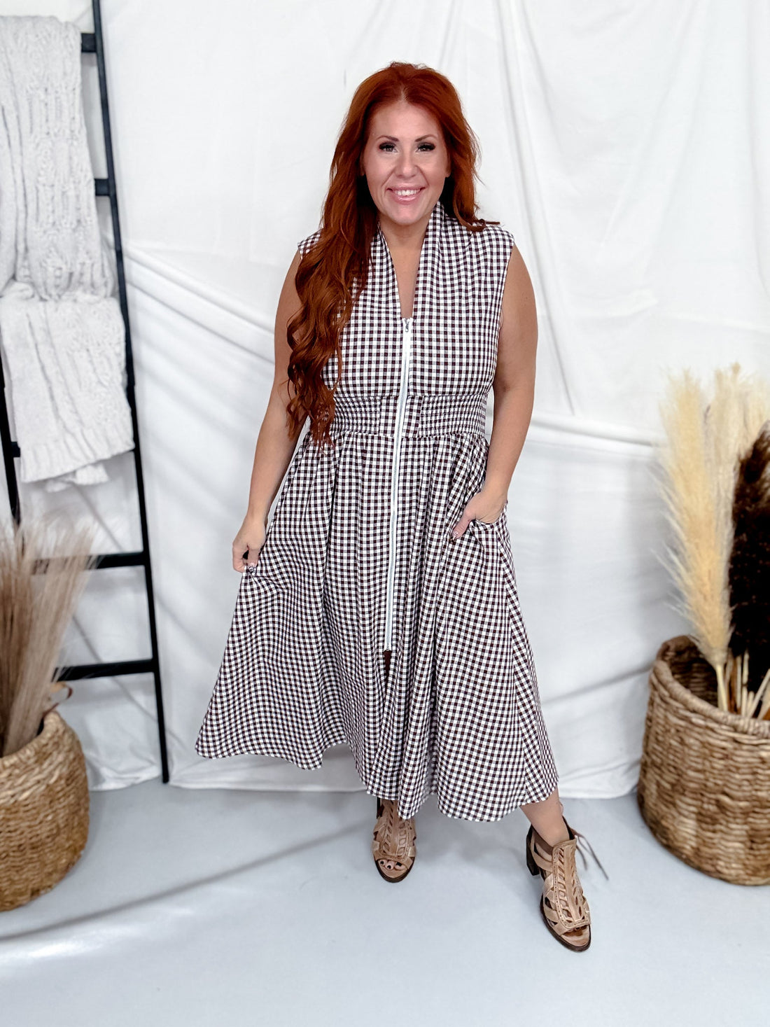 Brown & White Gingham Sleeveless Midi Dress - Whiskey Skies - HEIMISH