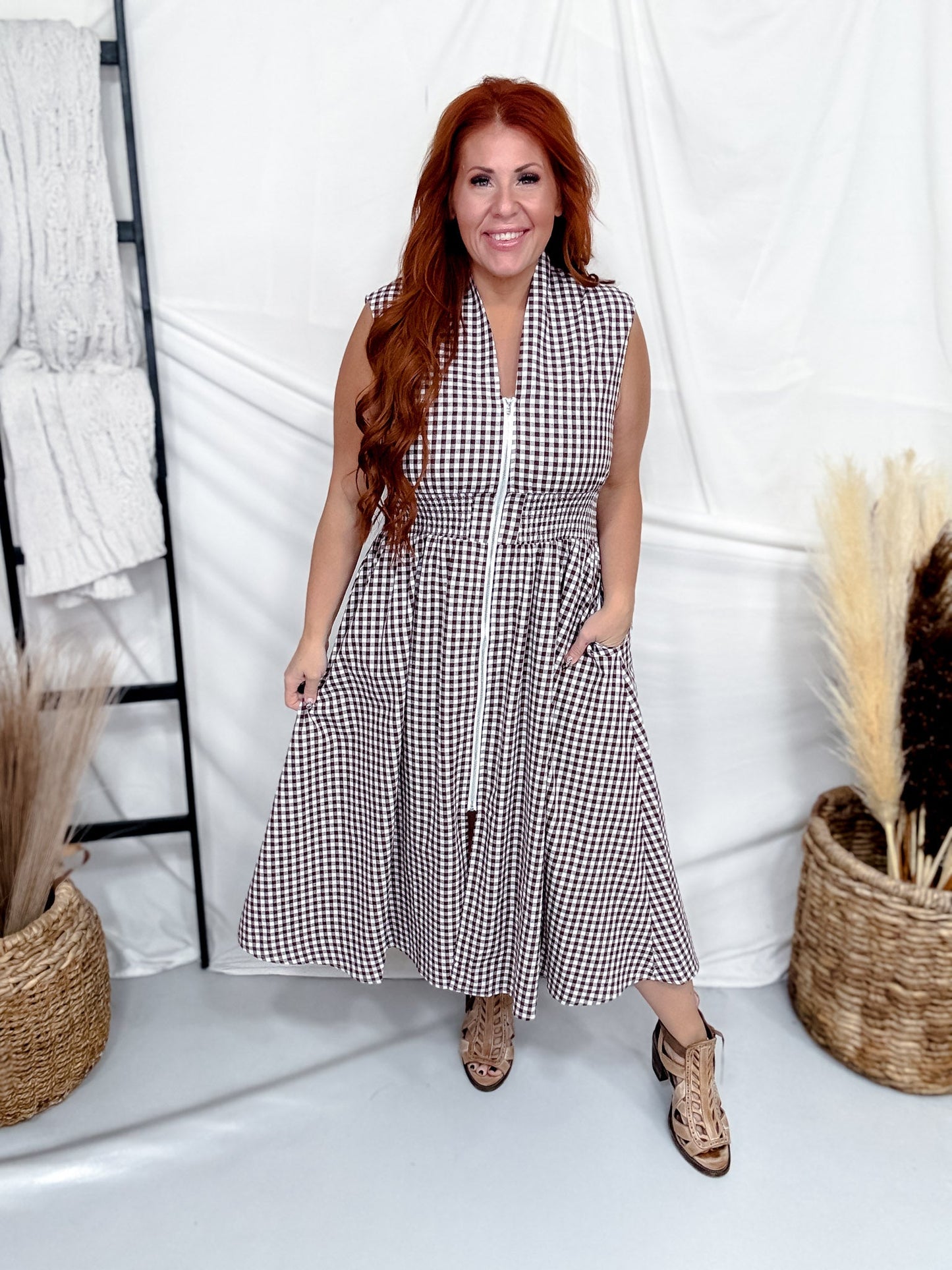 Brown & White Gingham Sleeveless Midi Dress - Whiskey Skies - HEIMISH