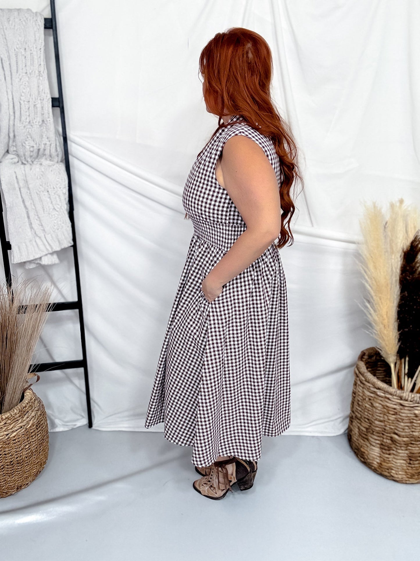 Brown & White Gingham Sleeveless Midi Dress - Whiskey Skies - HEIMISH
