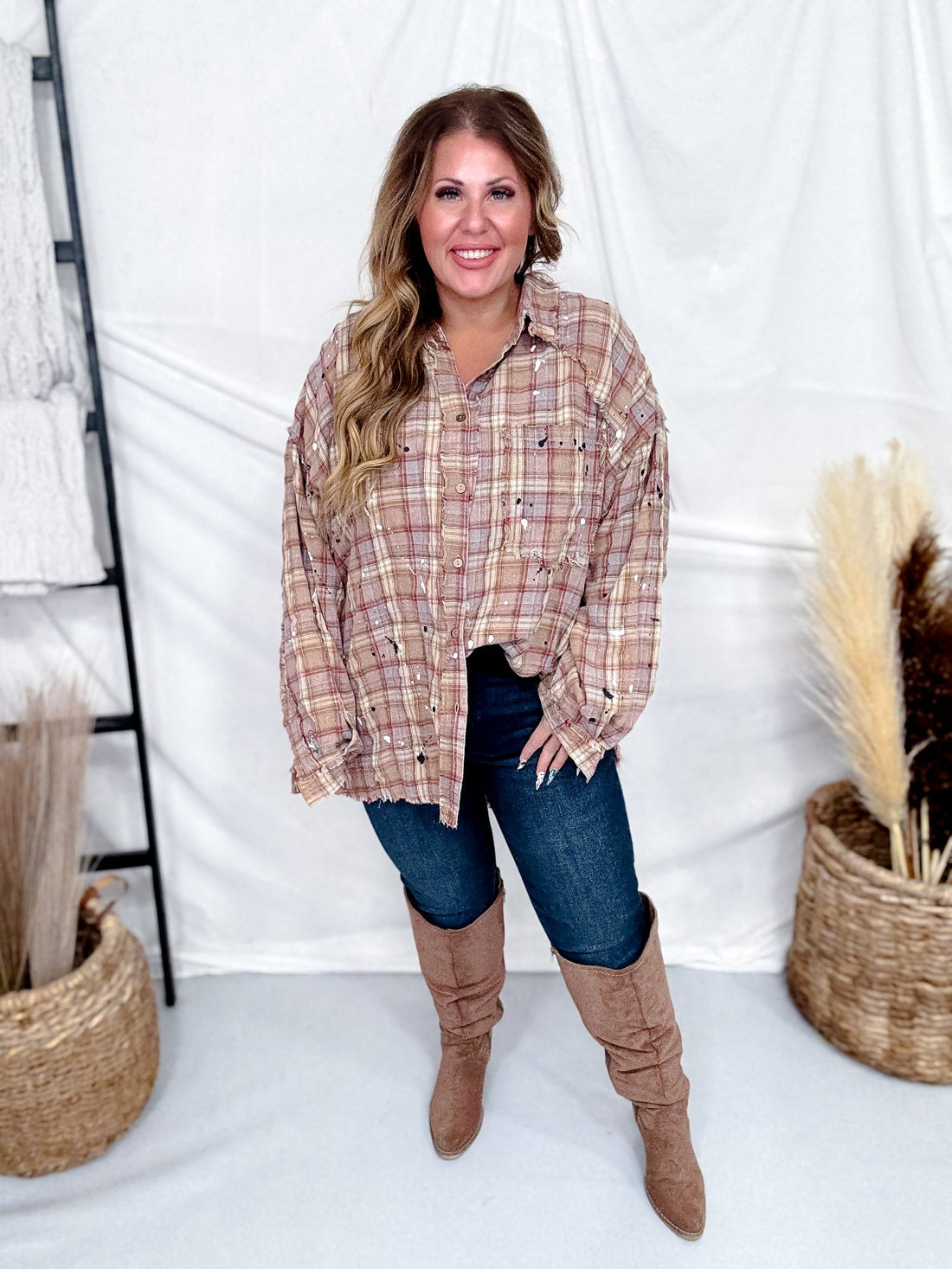 Brown & Wine Combo Paint Splatter Plaid Button Down Top - Whiskey Skies - OLI & HALI