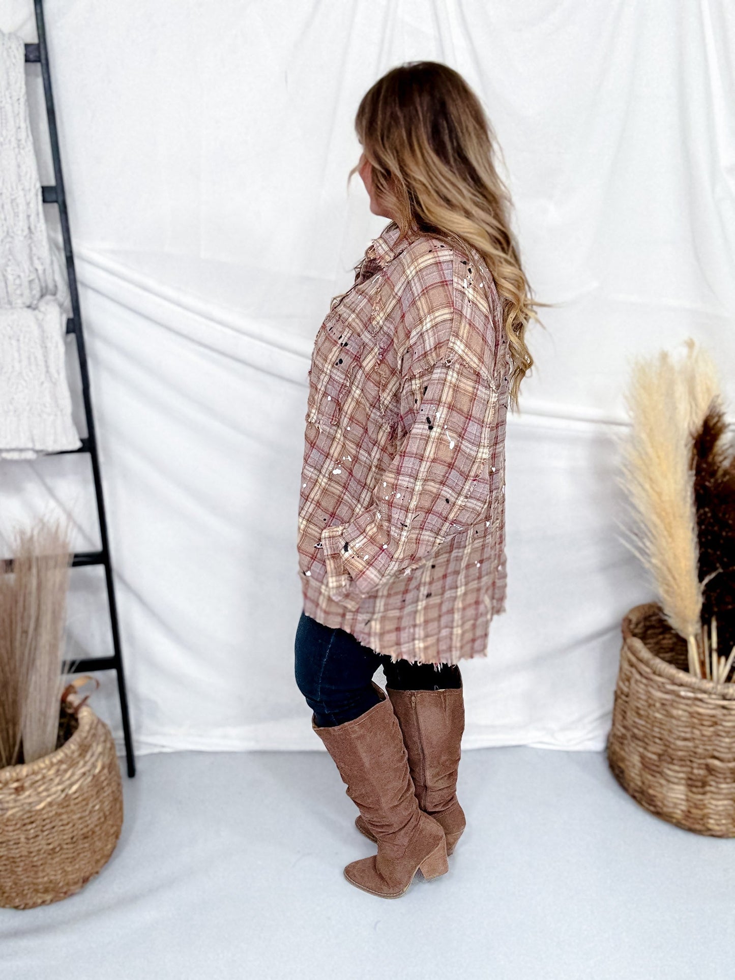 Brown & Wine Combo Paint Splatter Plaid Button Down Top - Whiskey Skies - OLI & HALI