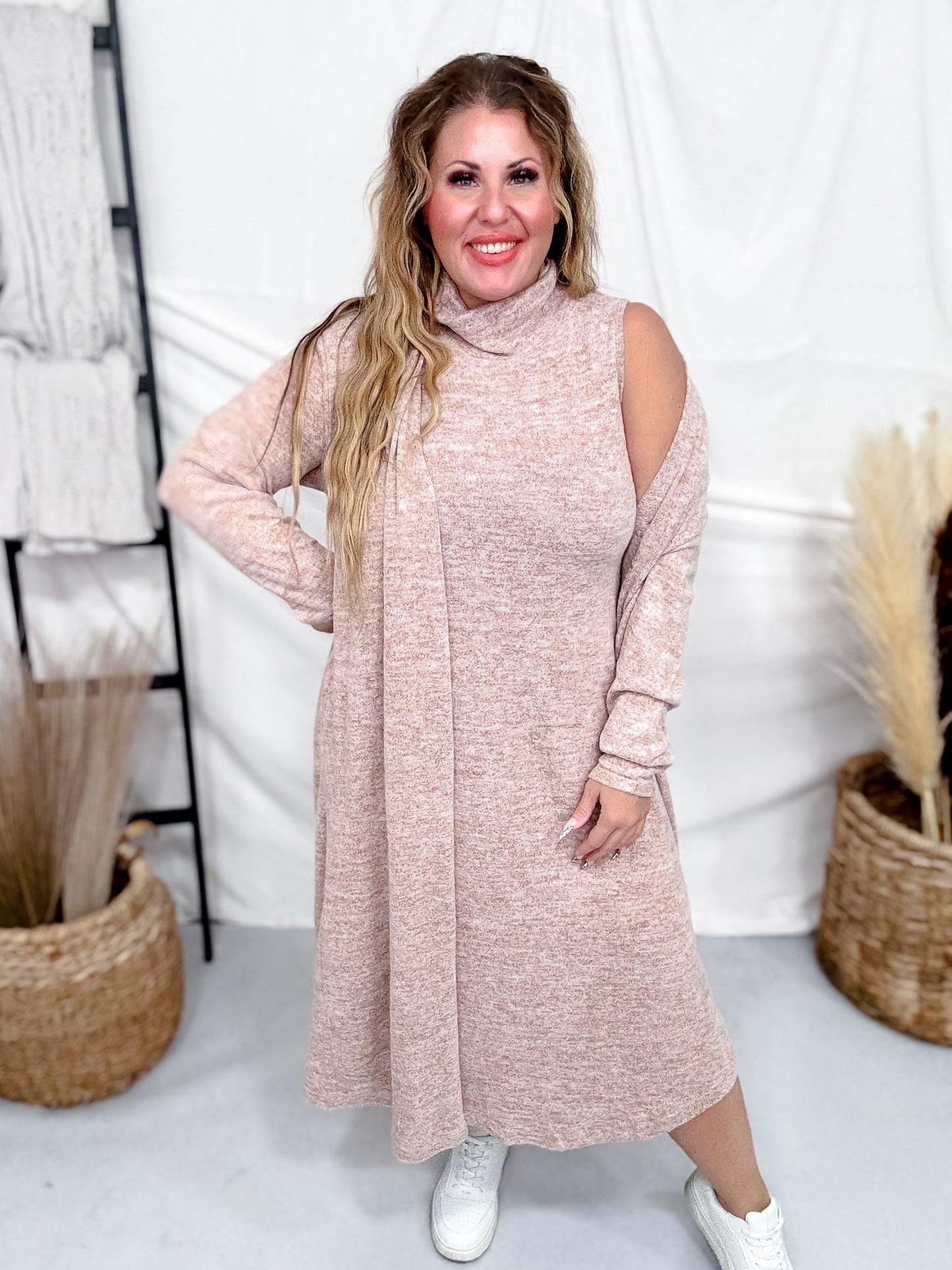 Brushed Cashmere Two Piece Dress & Cardigan Set (8 Colors) - Whiskey Skies - DEAR SCARLETT