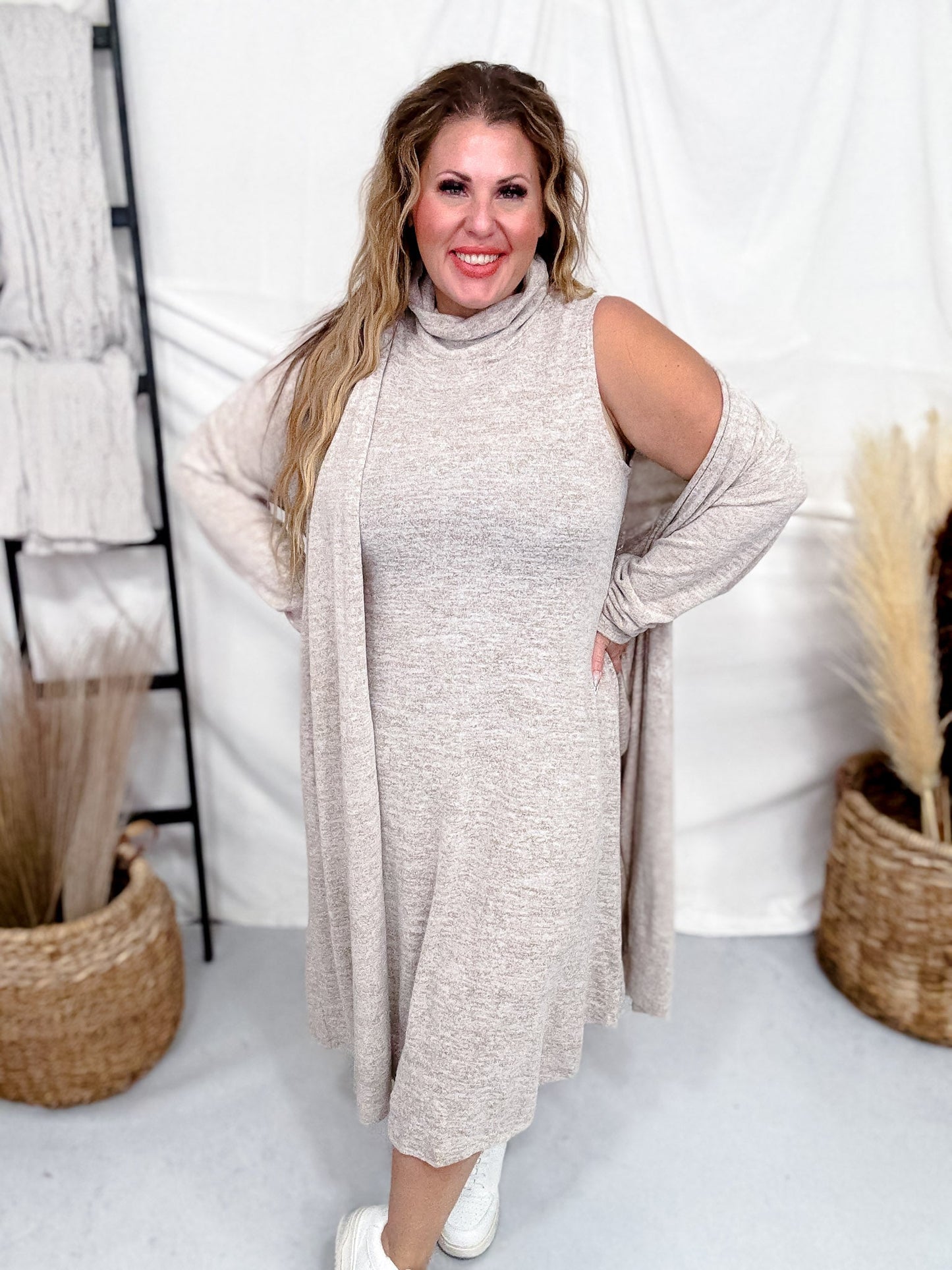 Brushed Cashmere Two Piece Dress & Cardigan Set (8 Colors) - Whiskey Skies - DEAR SCARLETT