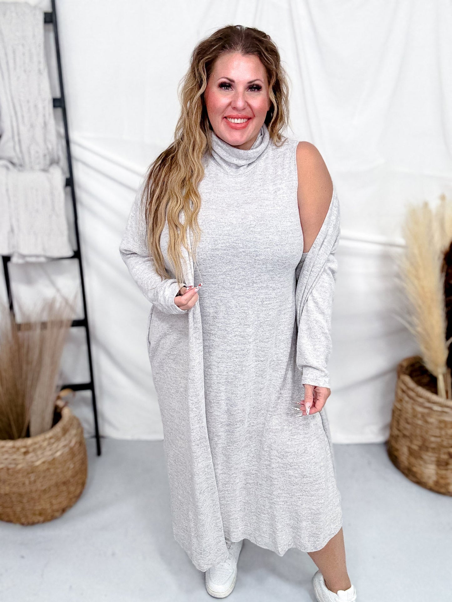 Brushed Cashmere Two Piece Dress & Cardigan Set (8 Colors) - Whiskey Skies - DEAR SCARLETT