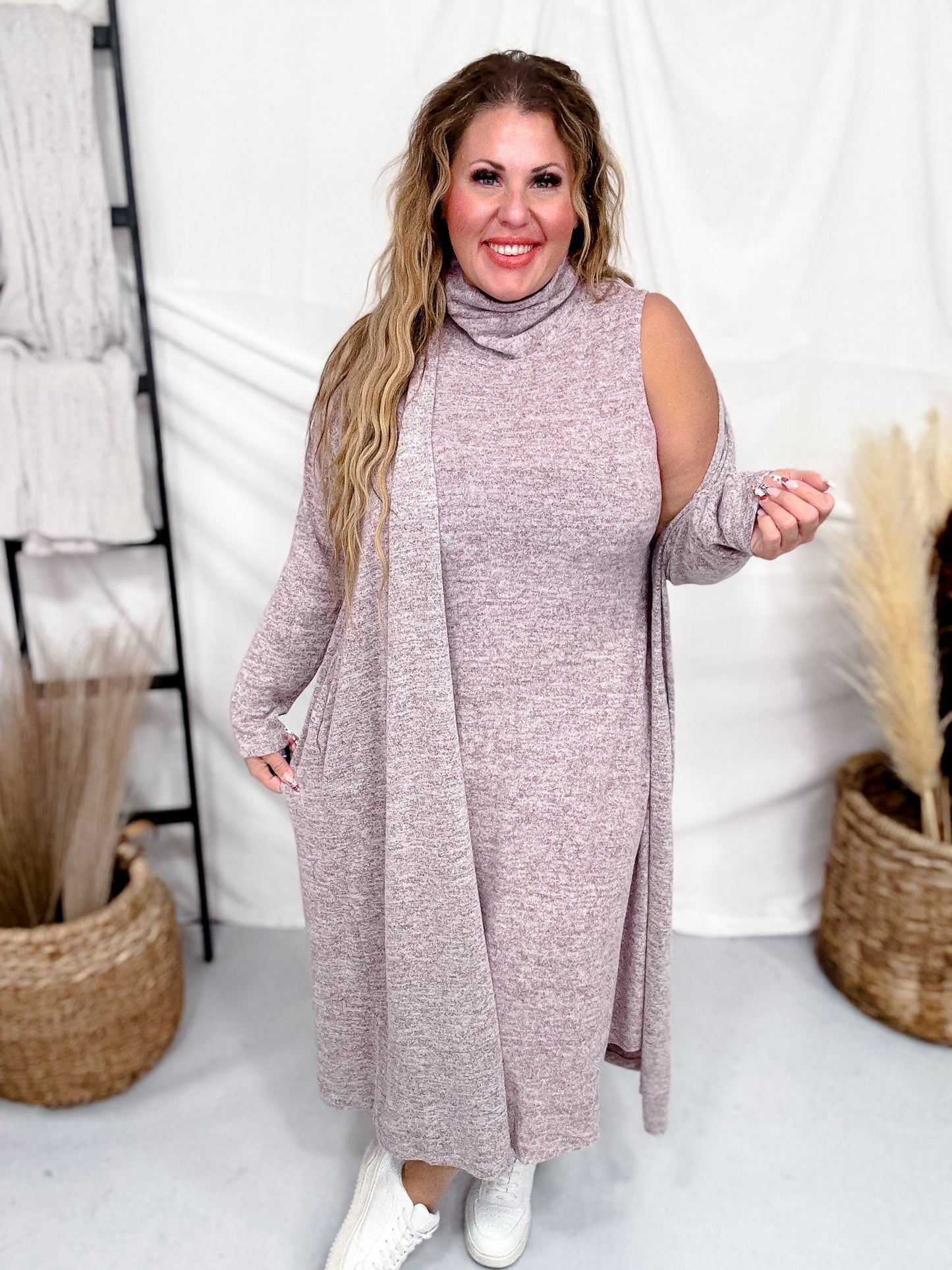 Brushed Cashmere Two Piece Dress & Cardigan Set (8 Colors) - Whiskey Skies - DEAR SCARLETT