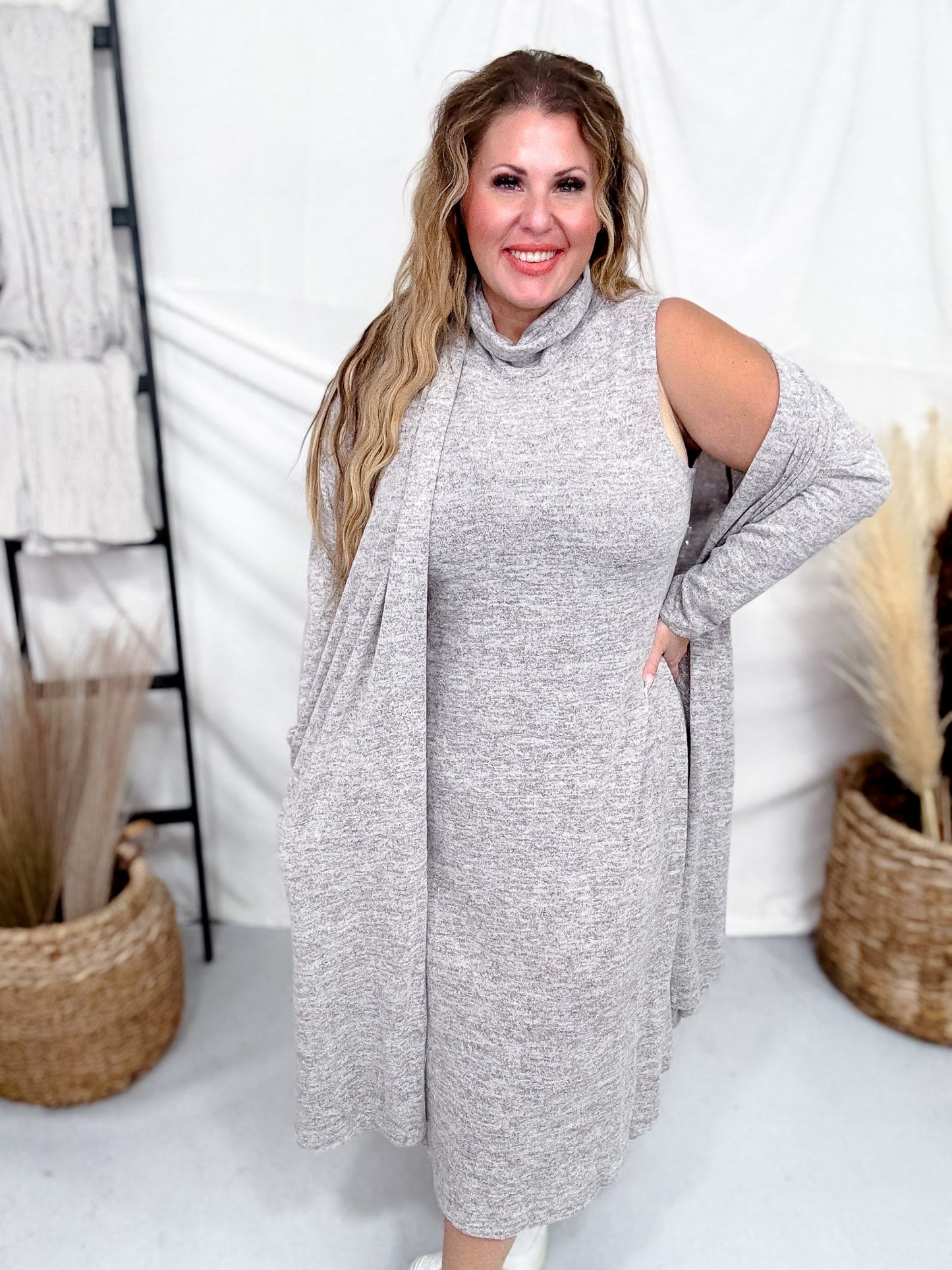 Brushed Cashmere Two Piece Dress & Cardigan Set (8 Colors) - Whiskey Skies - DEAR SCARLETT