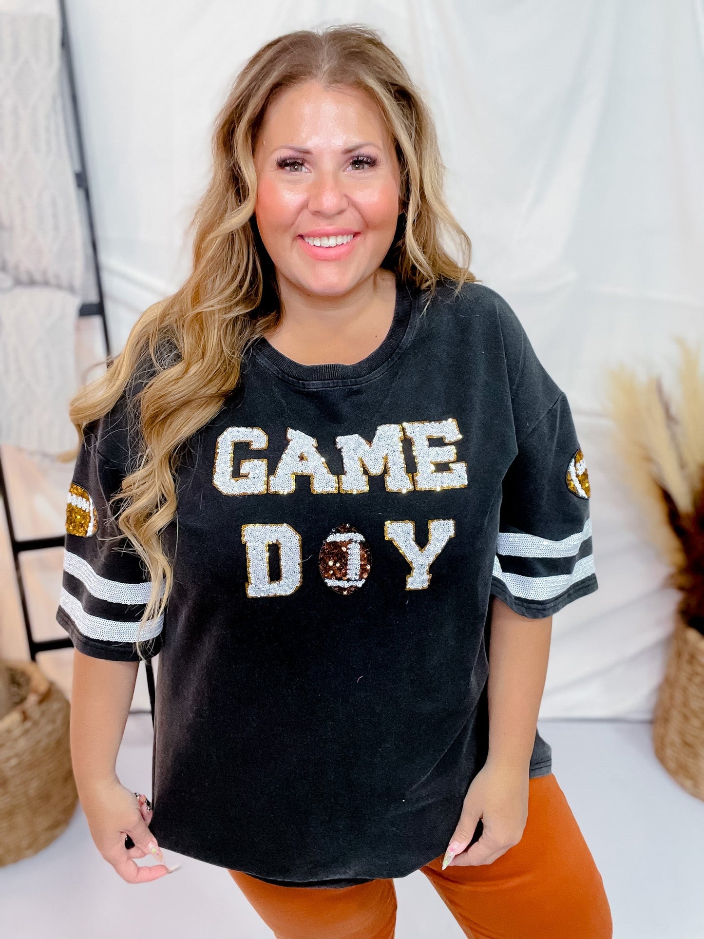 Brushed Material "Game Day" Shirt Tee Dress - Whiskey Skies - WHITE BIRCH