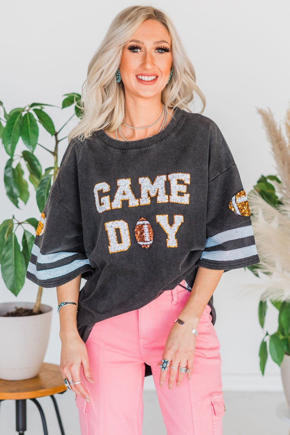 Brushed Material "Game Day" Shirt Tee Dress - Whiskey Skies - WHITE BIRCH