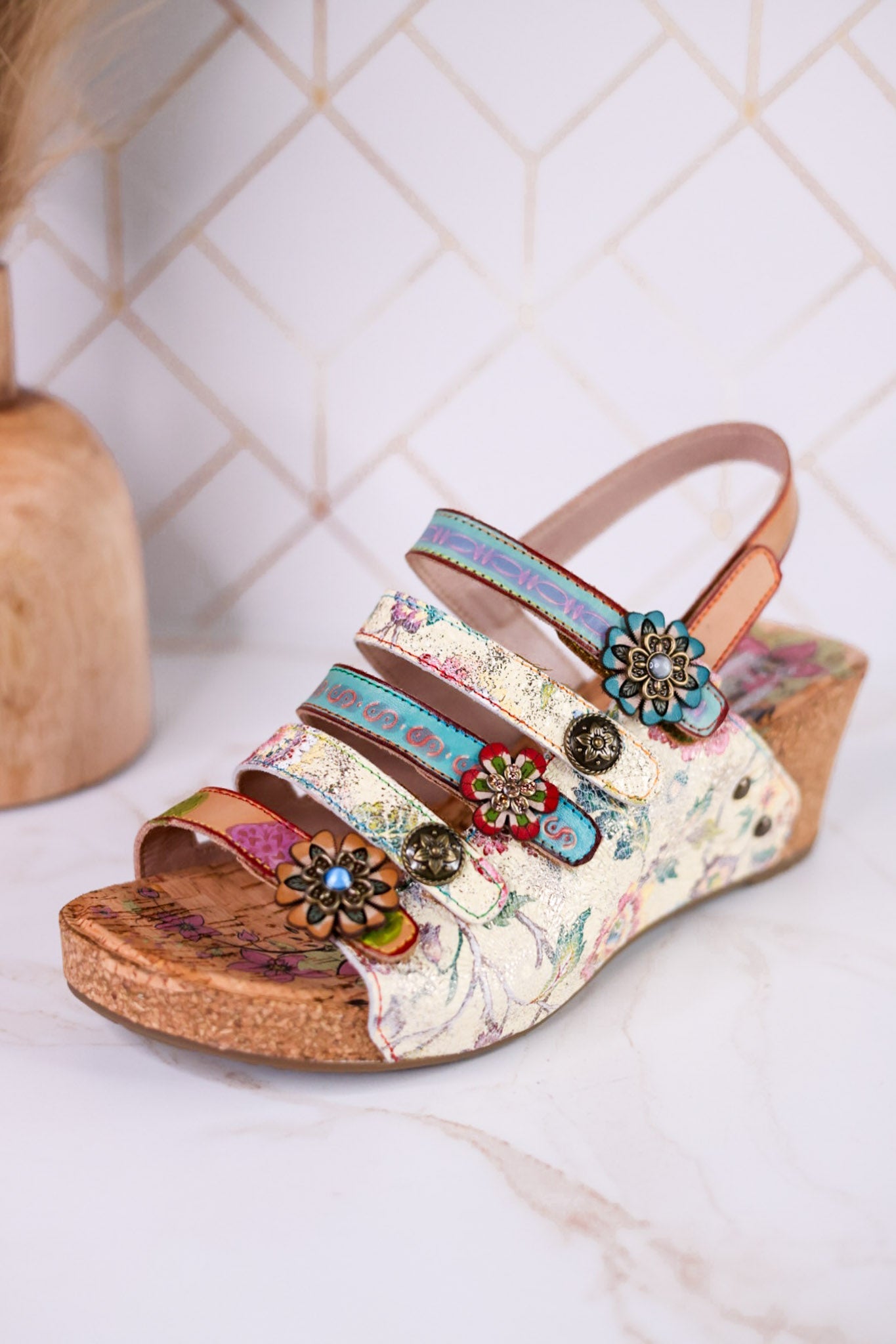 Buckle It Up Multicolored Wedges With Floral Buckles - Whiskey Skies - SPRING FOOTWEAR
