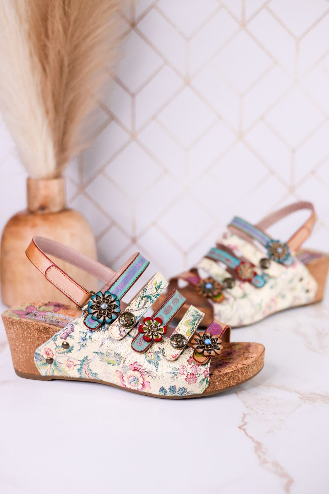 Buckle It Up Multicolored Wedges With Floral Buckles - Whiskey Skies - SPRING FOOTWEAR