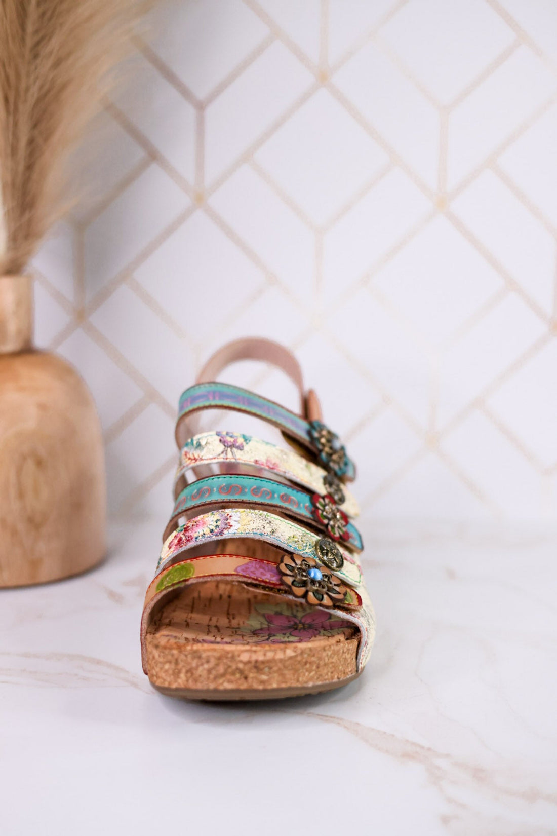 Buckle It Up Multicolored Wedges With Floral Buckles - Whiskey Skies - SPRING FOOTWEAR