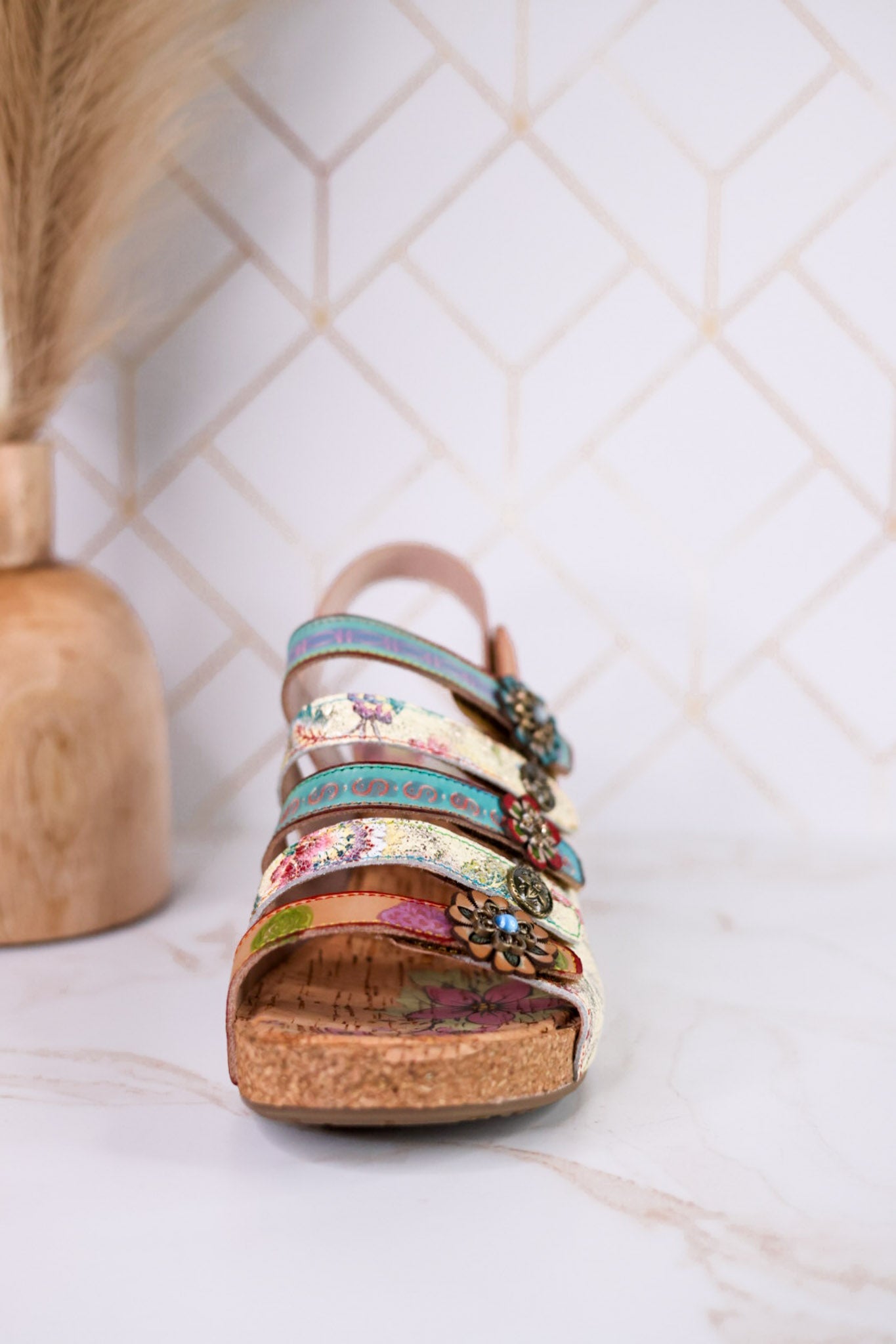 Buckle It Up Multicolored Wedges With Floral Buckles - Whiskey Skies - SPRING FOOTWEAR