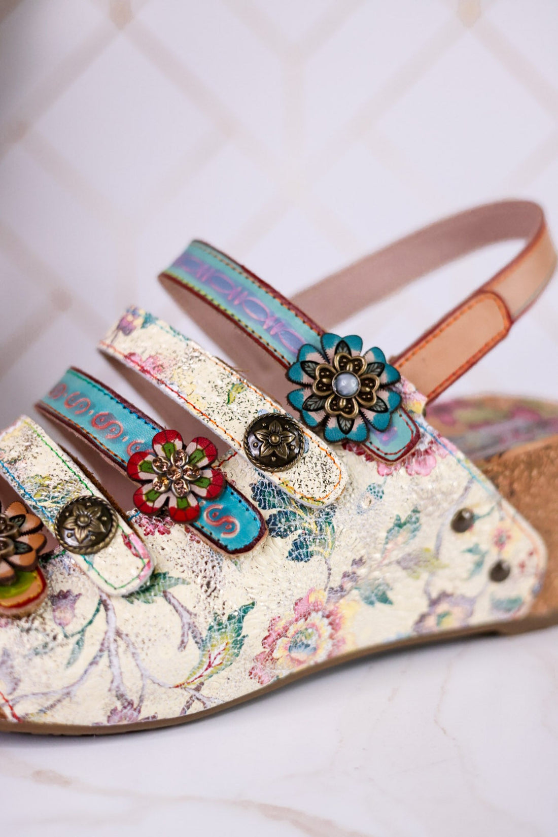 Buckle It Up Multicolored Wedges With Floral Buckles - Whiskey Skies - SPRING FOOTWEAR