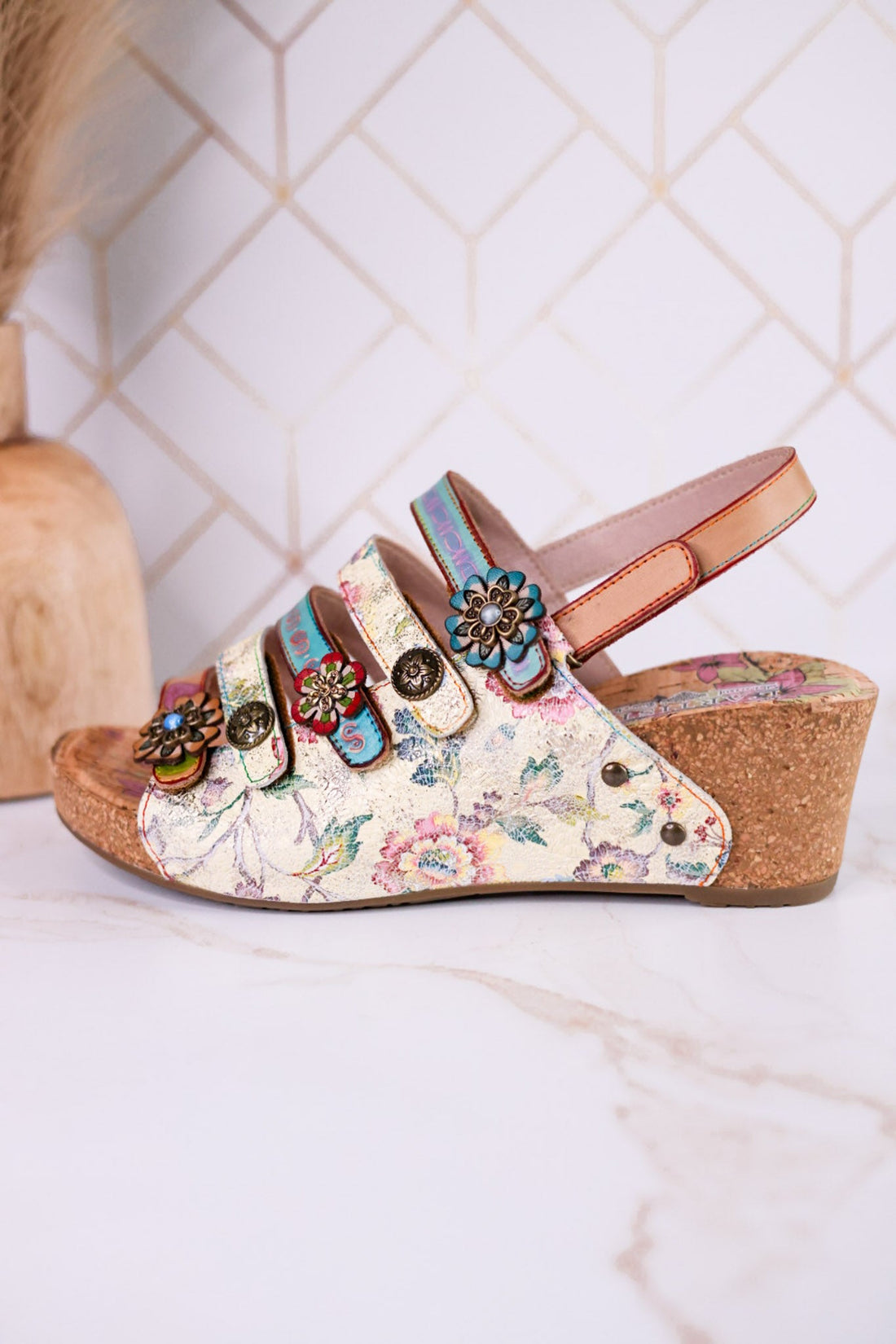 Buckle It Up Multicolored Wedges With Floral Buckles - Whiskey Skies - SPRING FOOTWEAR