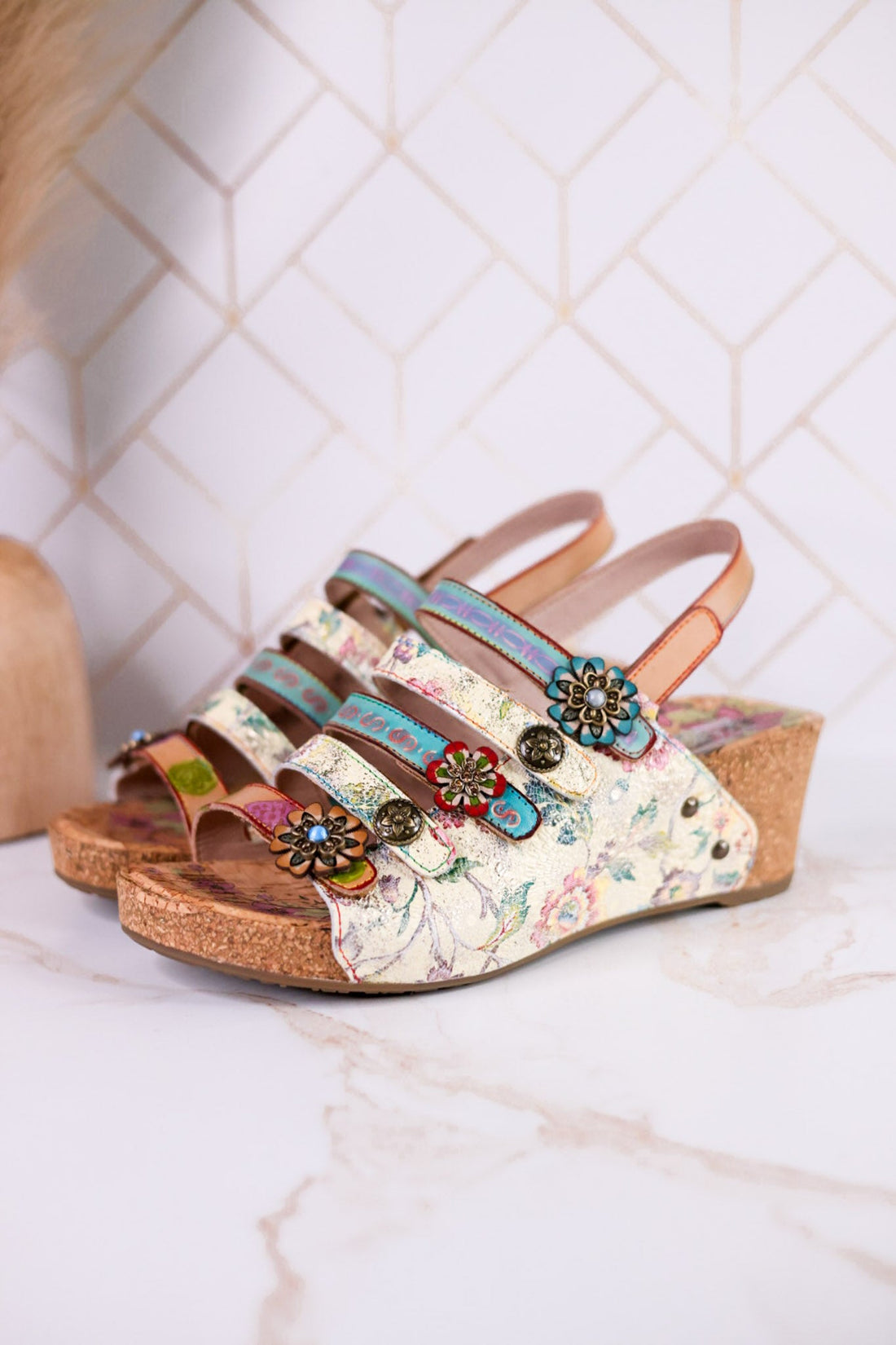 Buckle It Up Multicolored Wedges With Floral Buckles - Whiskey Skies - SPRING FOOTWEAR