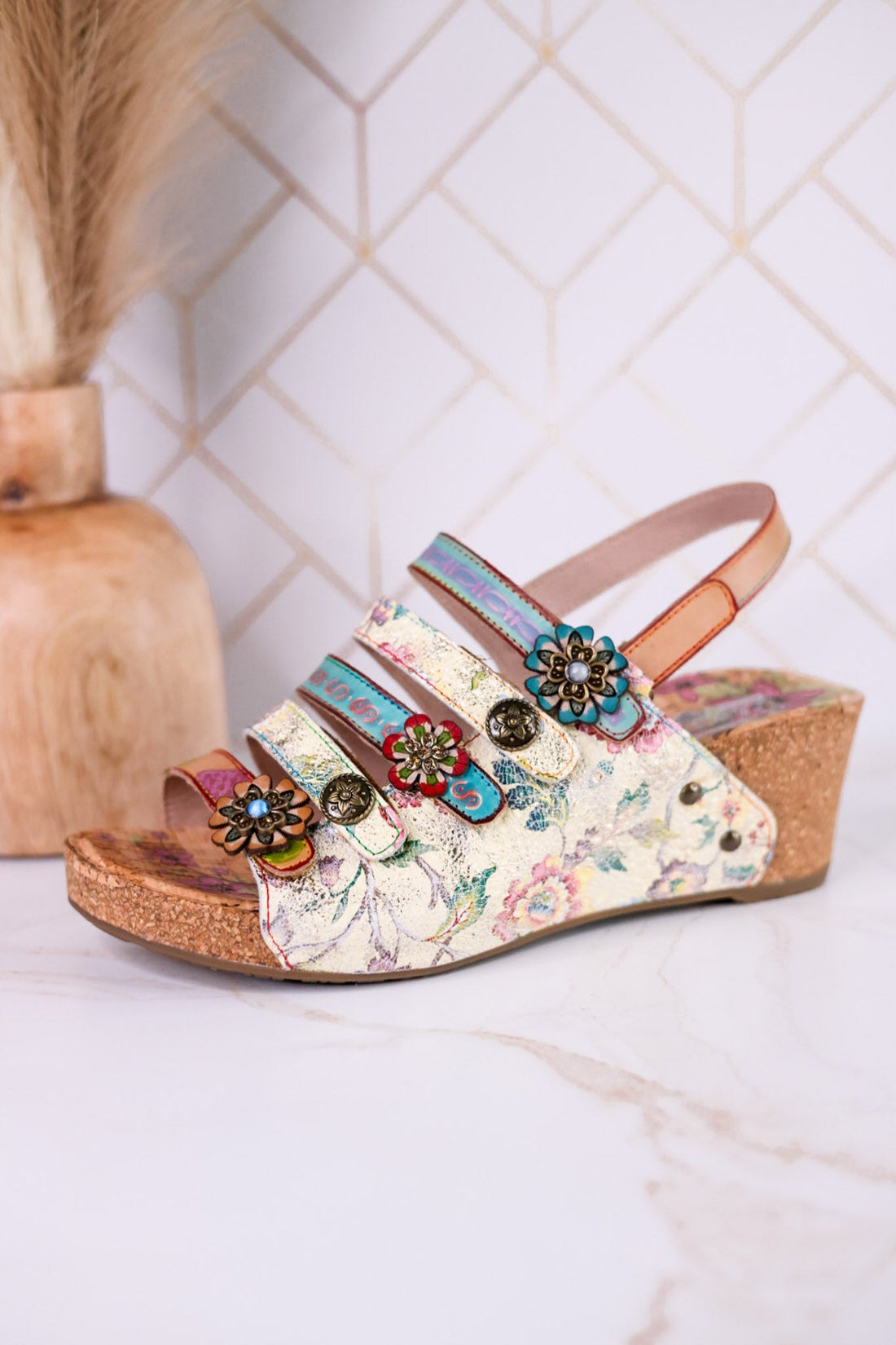 Buckle It Up Multicolored Wedges With Floral Buckles - Whiskey Skies - SPRING FOOTWEAR