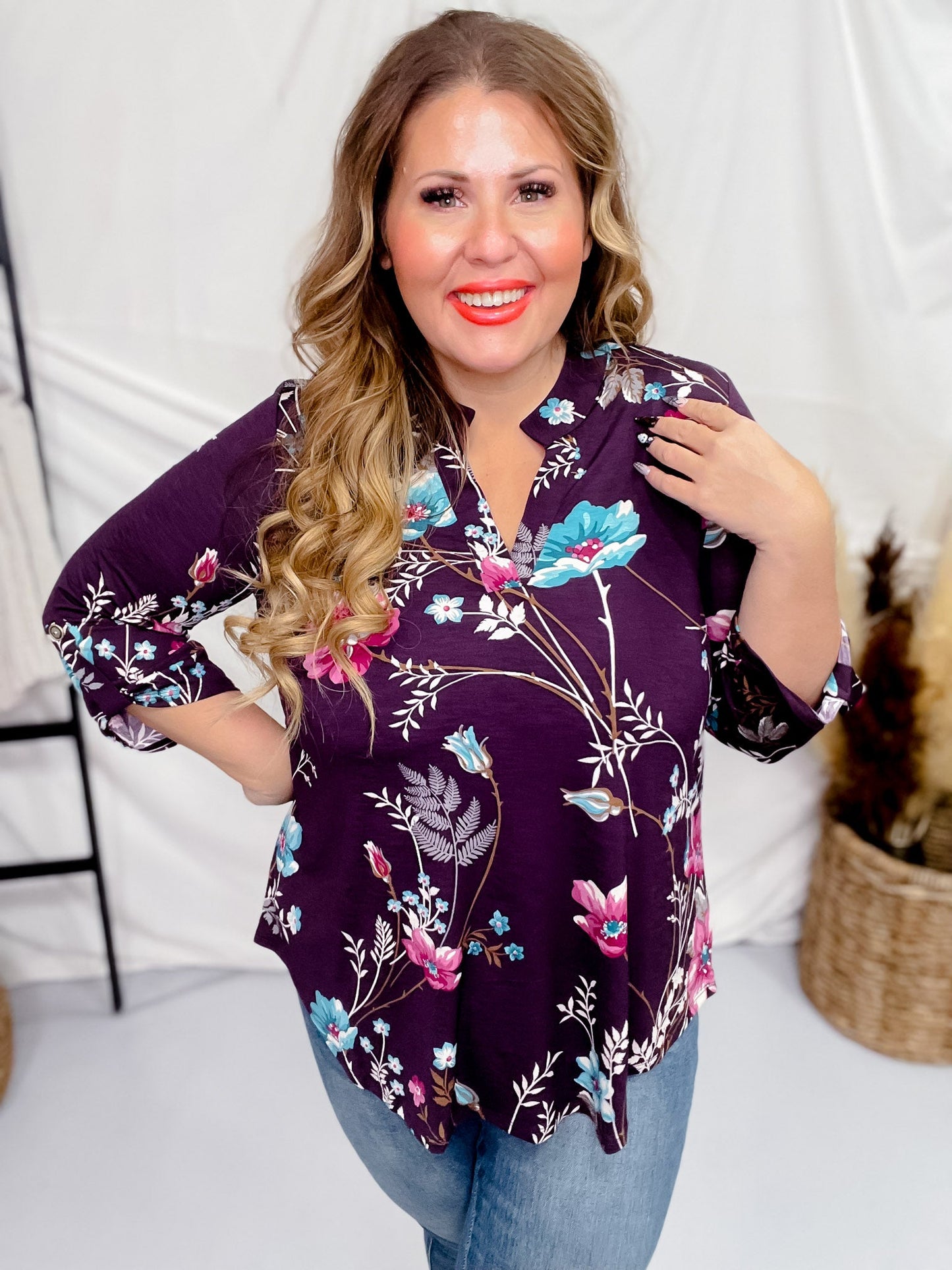 Burgandy Floral Print 3/4 Sleeve Lizzy Top - Whiskey Skies - DEAR SCARLETT