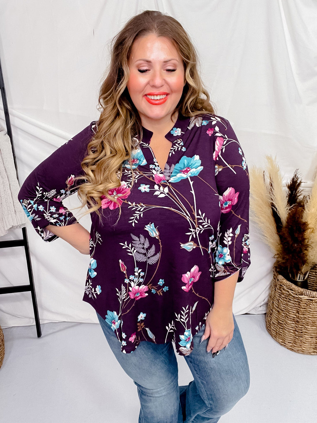 Burgandy Floral Print 3/4 Sleeve Lizzy Top - Whiskey Skies - DEAR SCARLETT