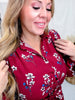 Burgundy Floral Print Button Front Dress With Tie Waist - Whiskey Skies - HEIMISH