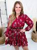 Burgundy Floral Print Button Front Dress With Tie Waist - Whiskey Skies - HEIMISH