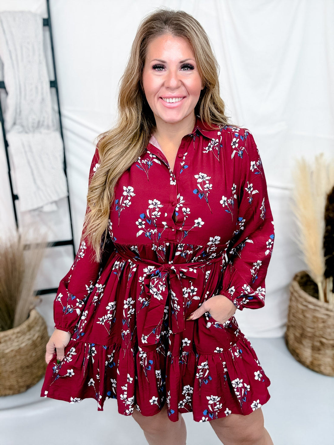 Burgundy Floral Print Button Front Dress With Tie Waist - Whiskey Skies - HEIMISH