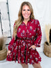 Burgundy Floral Print Button Front Dress With Tie Waist - Whiskey Skies - HEIMISH