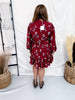 Burgundy Floral Print Button Front Dress With Tie Waist - Whiskey Skies - HEIMISH