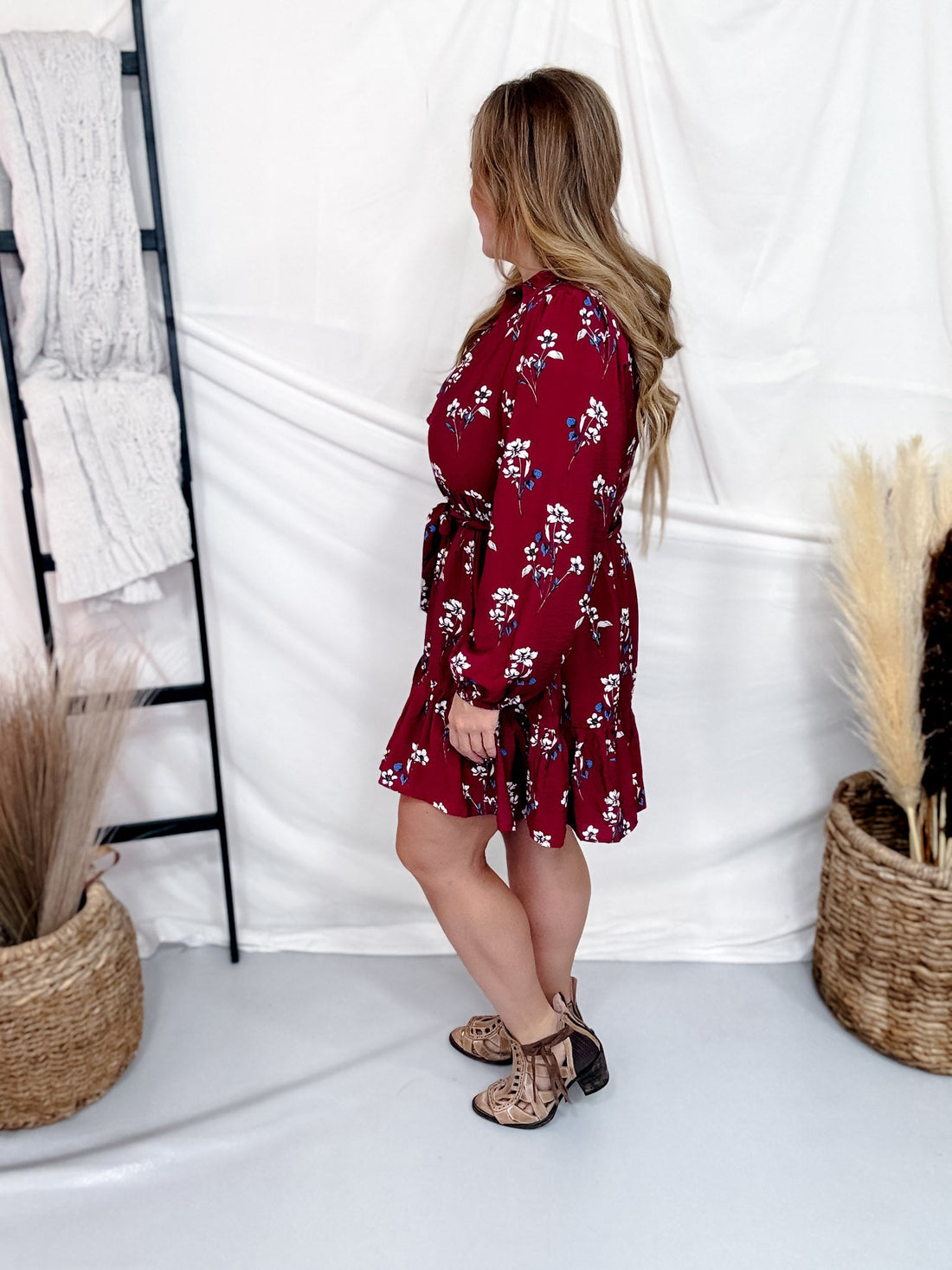 Burgundy Floral Print Button Front Dress With Tie Waist - Whiskey Skies - HEIMISH
