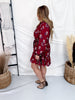 Burgundy Floral Print Button Front Dress With Tie Waist - Whiskey Skies - HEIMISH