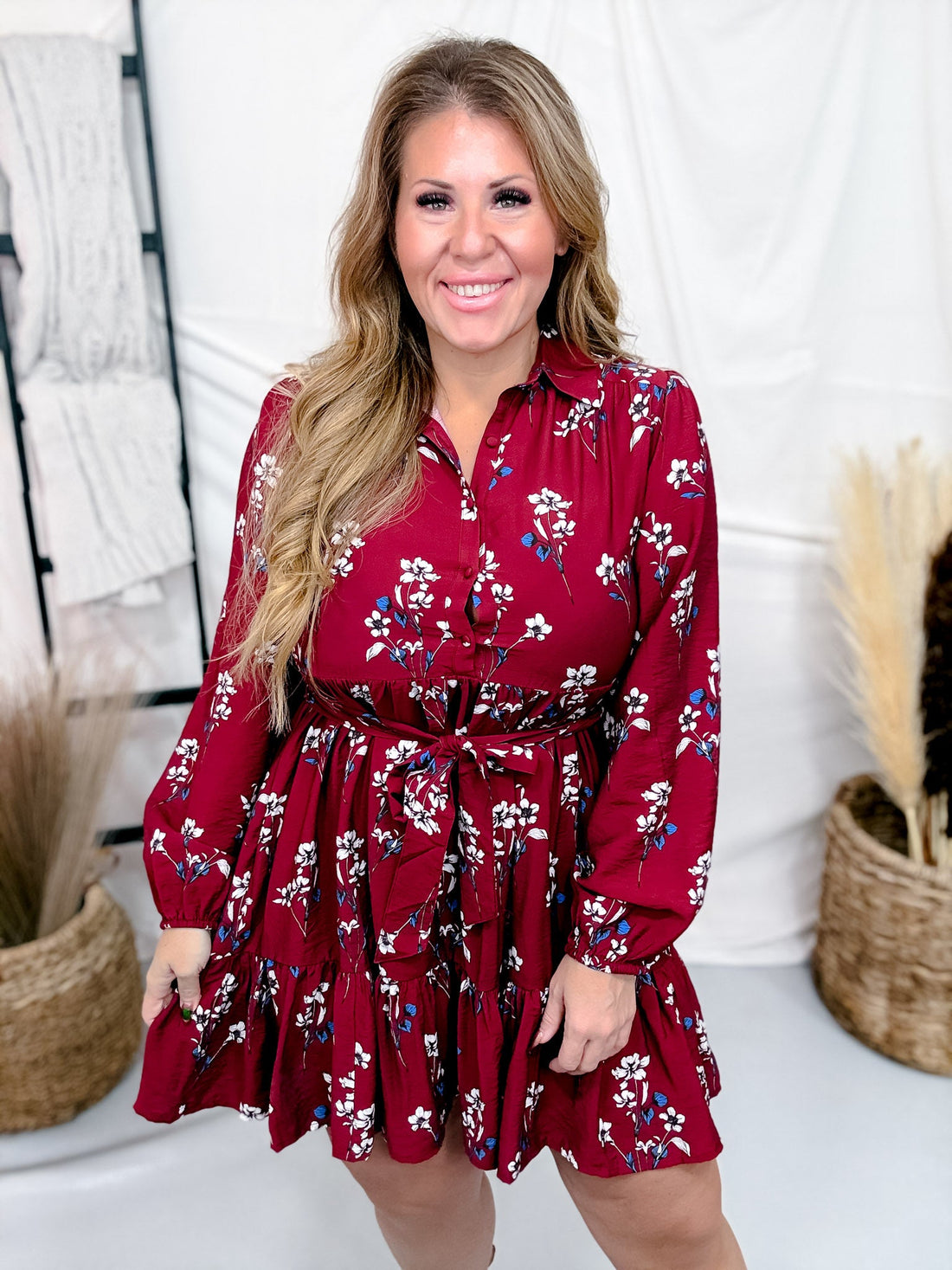 Burgundy Floral Print Button Front Dress With Tie Waist - Whiskey Skies - HEIMISH