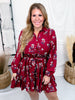 Burgundy Floral Print Button Front Dress With Tie Waist - Whiskey Skies - HEIMISH