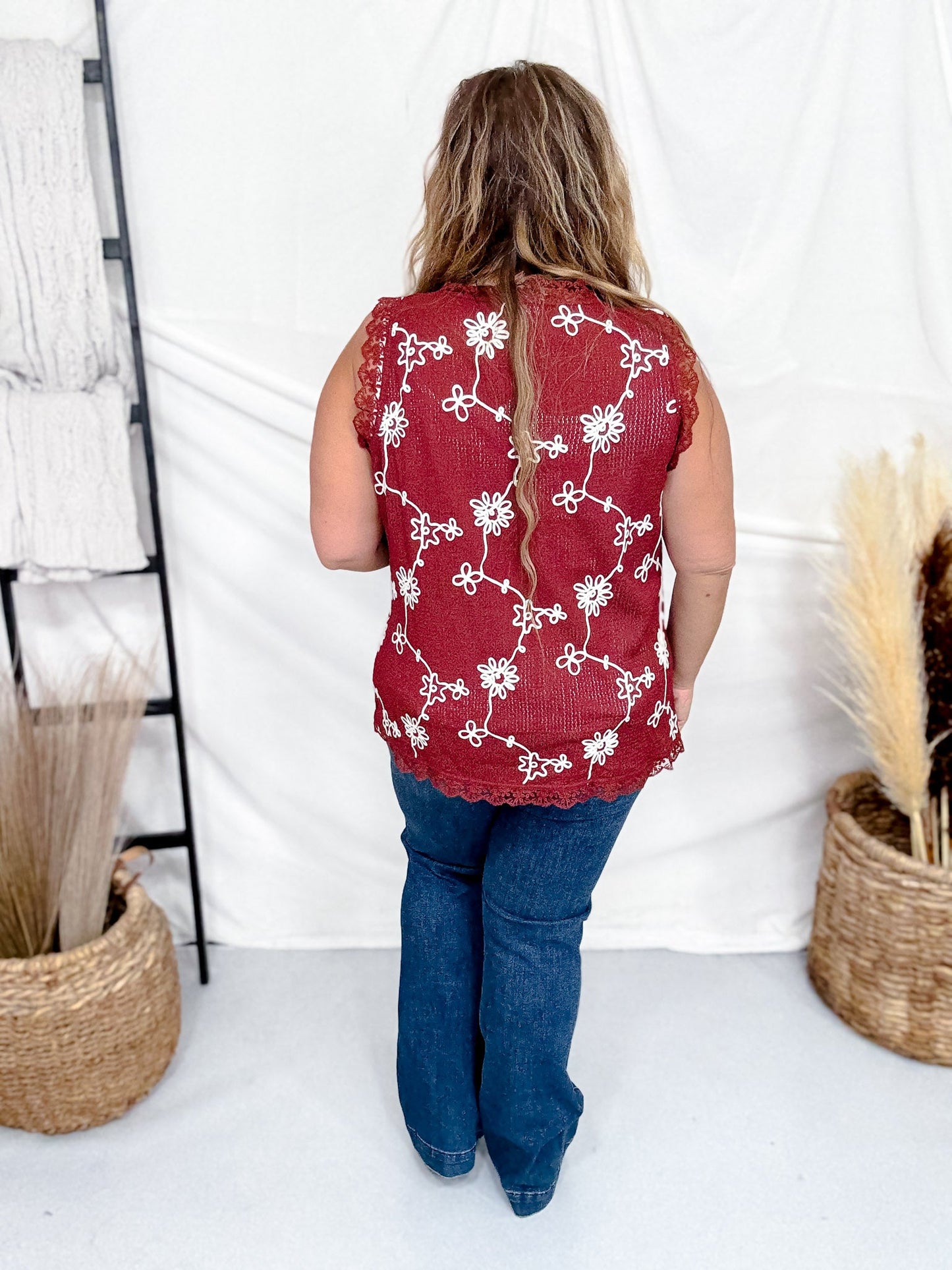 Burgundy Open Knit Vest With Floral Embroidery - Whiskey Skies - ODDI
