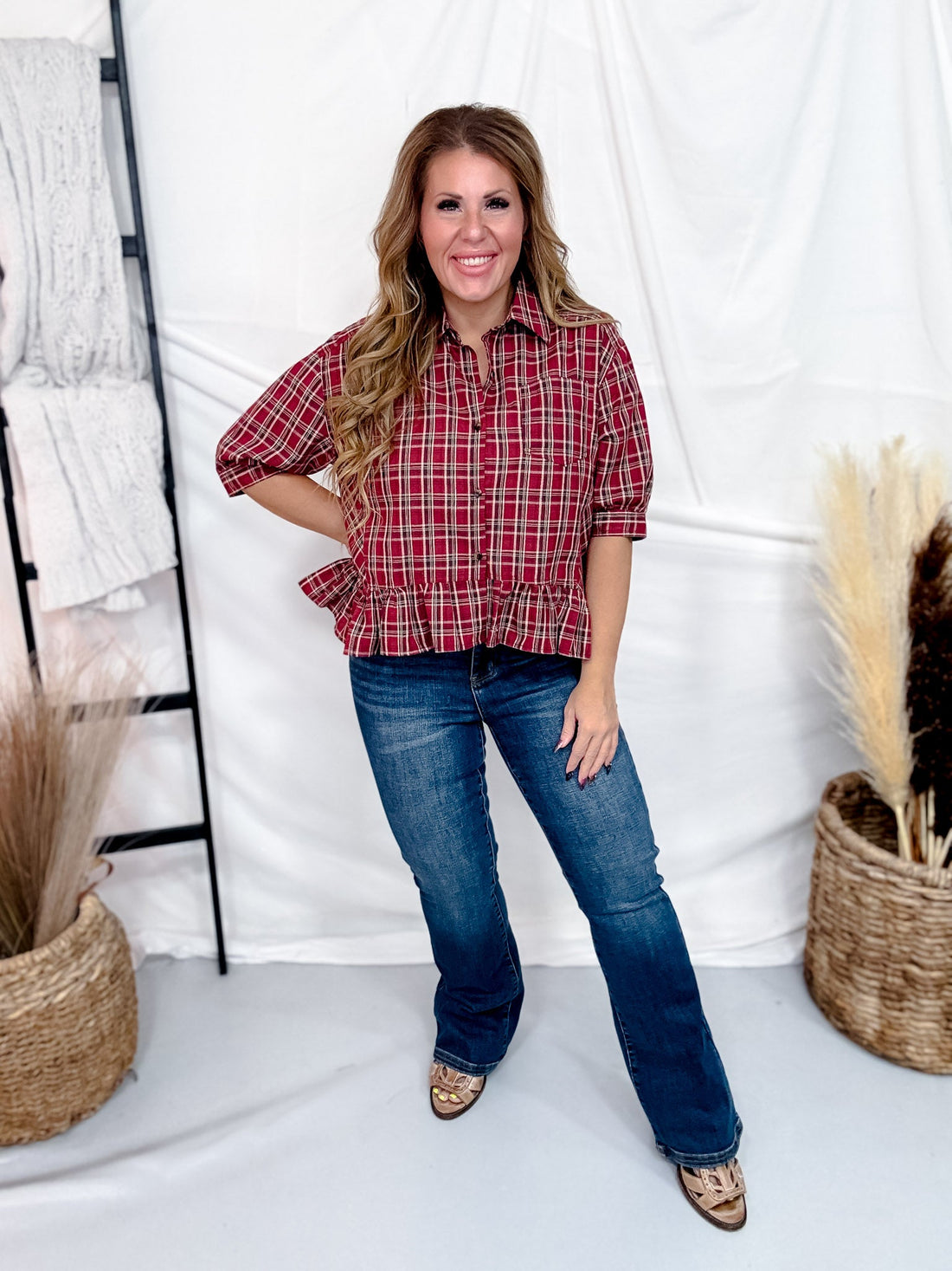 Burgundy Plaid Button Front Peplum Top - Whiskey Skies - HEIMISH