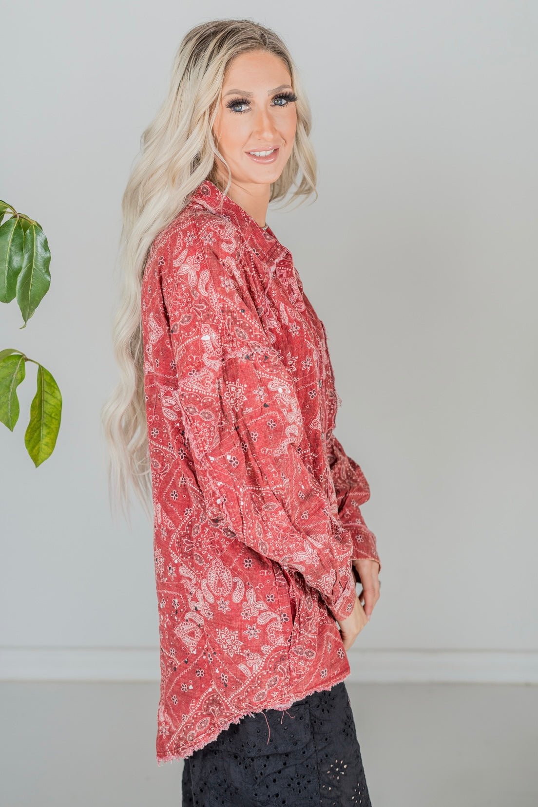 pink scarf print shirt