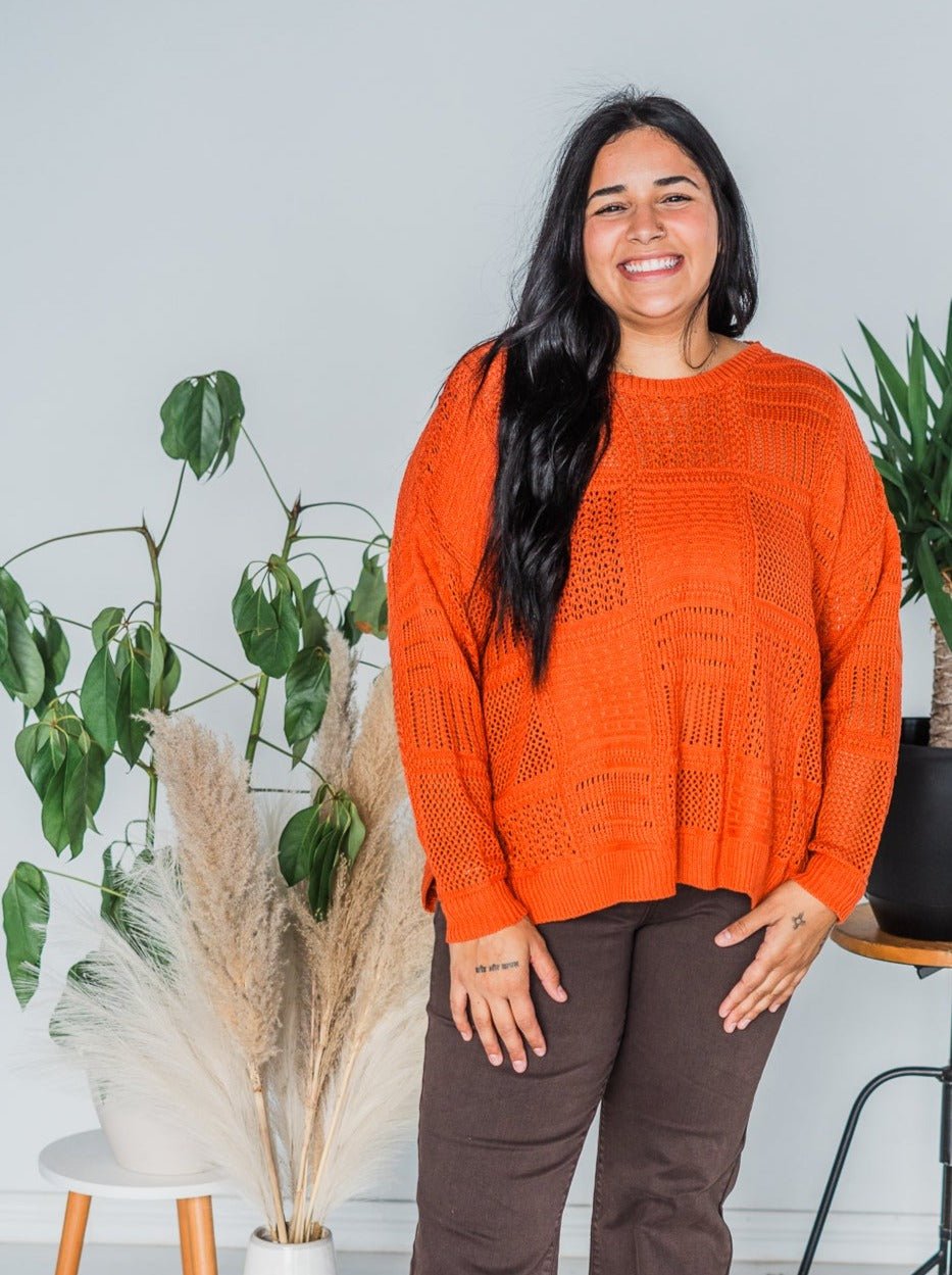 Burnt Orange Knitted Patchwork Pullover Sweater Top - Whiskey Skies - DAVI & DANI