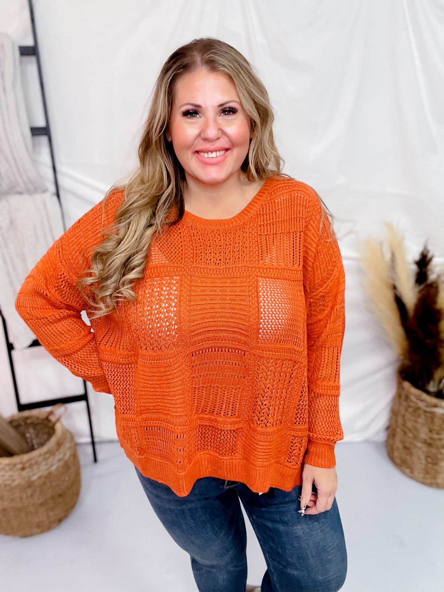 Burnt Orange Knitted Patchwork Pullover Sweater Top - Whiskey Skies - DAVI & DANI