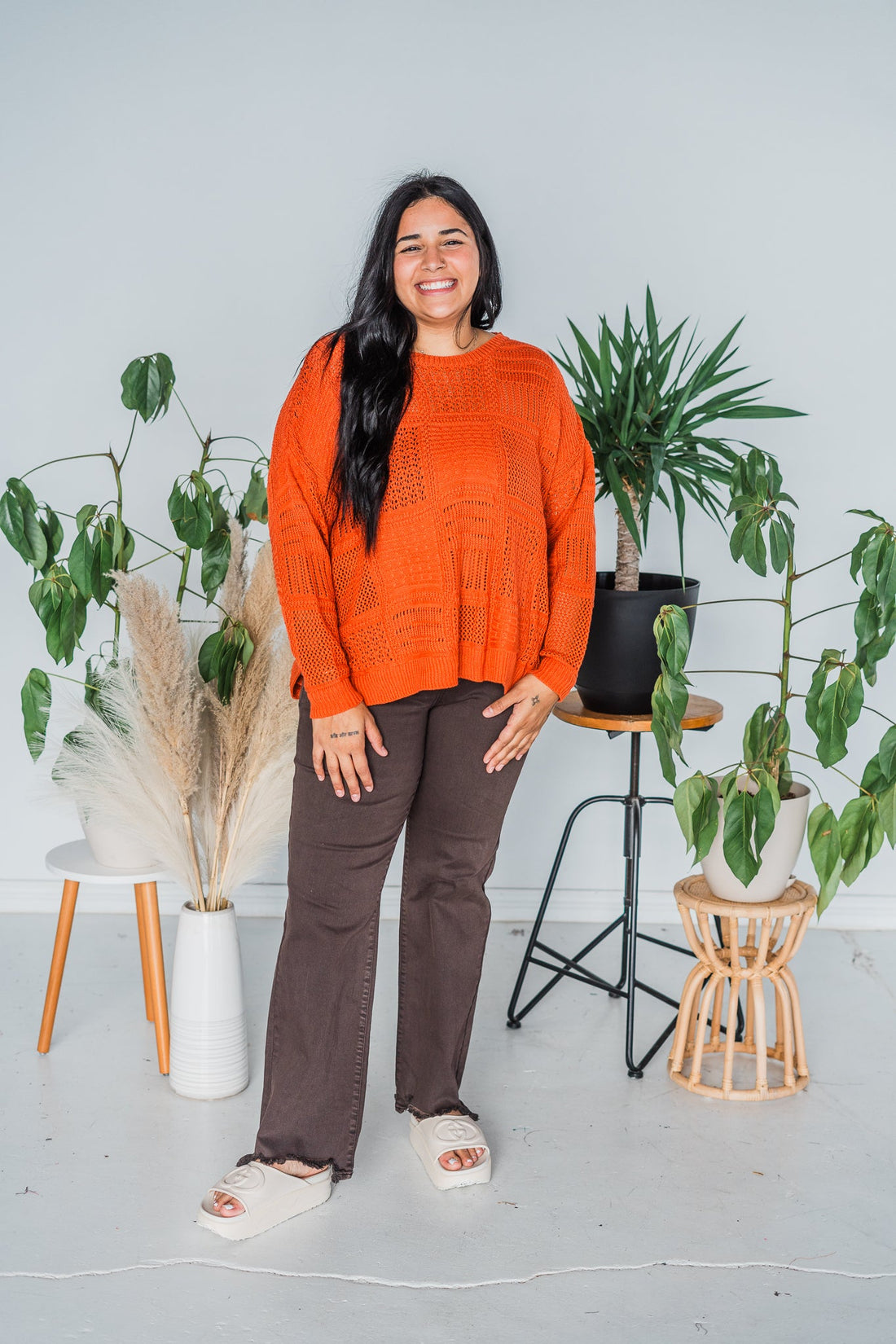 Burnt Orange Knitted Patchwork Pullover Sweater Top - Whiskey Skies - DAVI & DANI